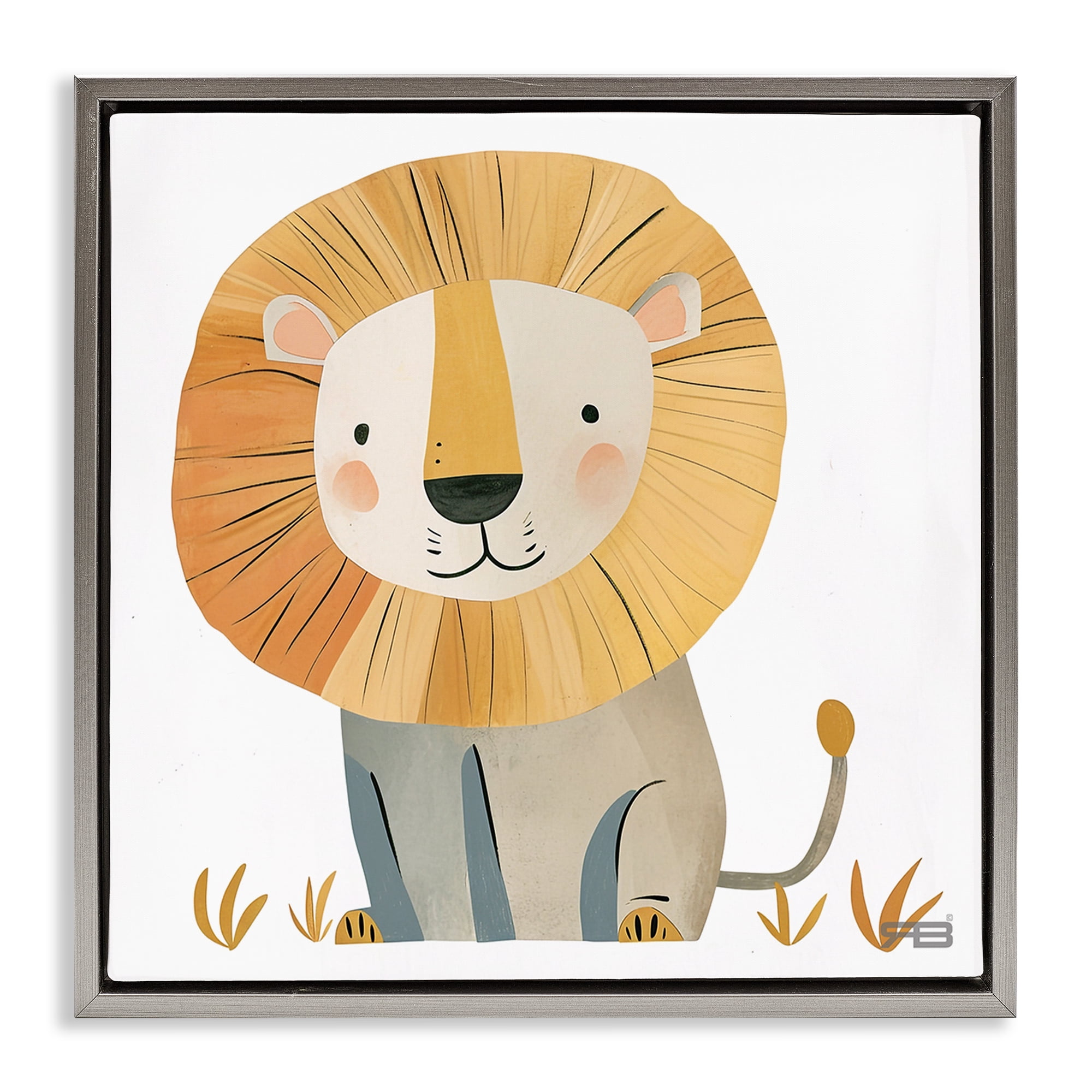 Stupell Industries Smiling Whimsical Lion Animals Painting Gray Floater Framed Canvas Art Print Wall Art, 25 x 25