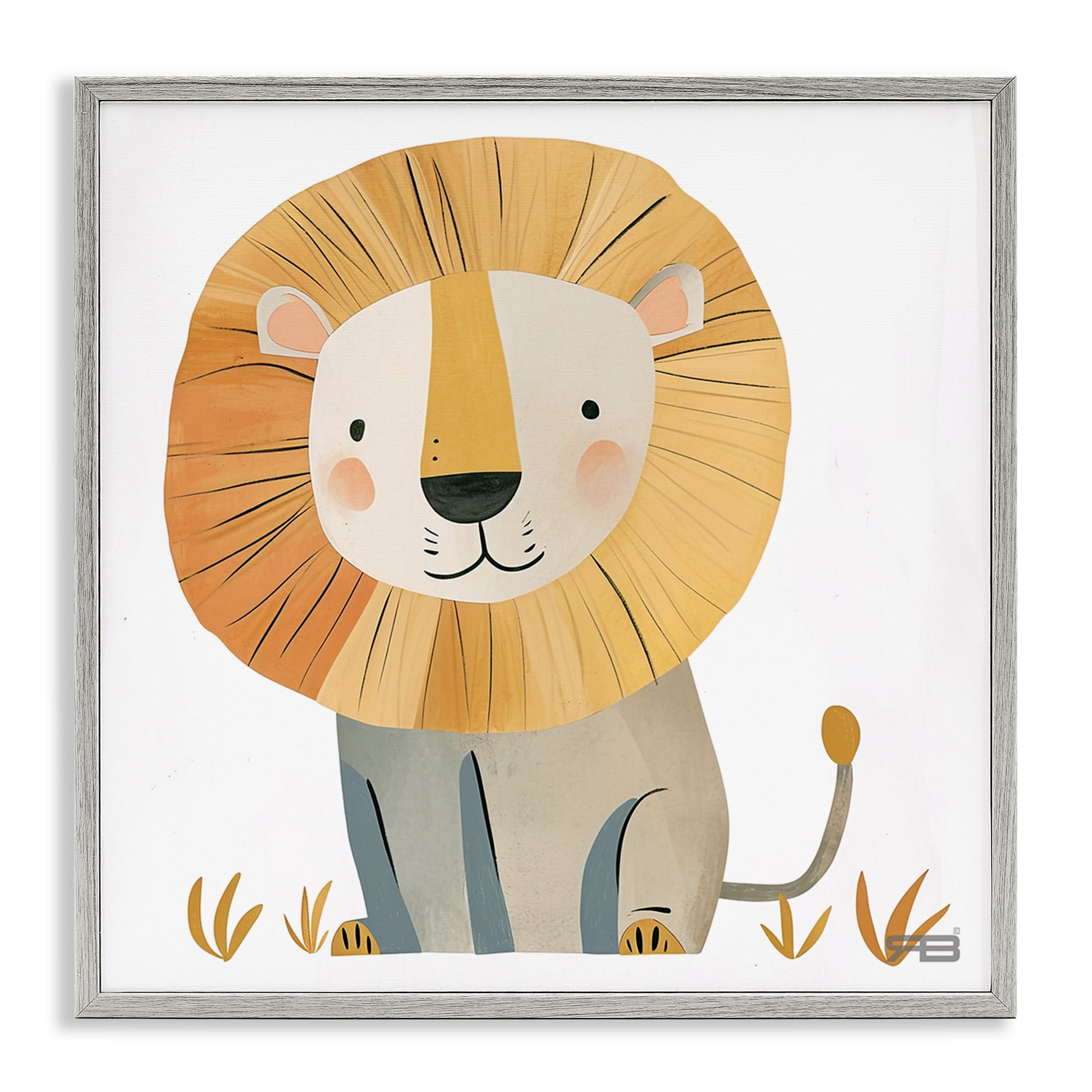 Stupell Industries Smiling Whimsical Lion Animals Painting Gray Framed Art Print Wall Art, 24 x 24