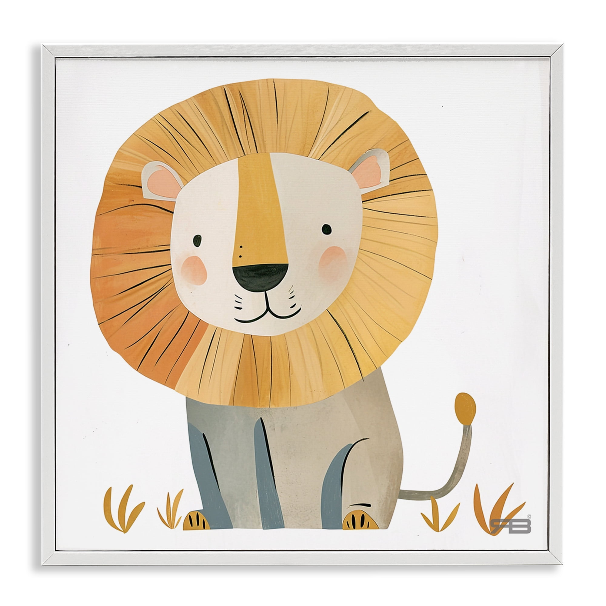 Stupell Industries Smiling Whimsical Lion Animals Painting White Framed Art Print Wall Art, 12 x 12