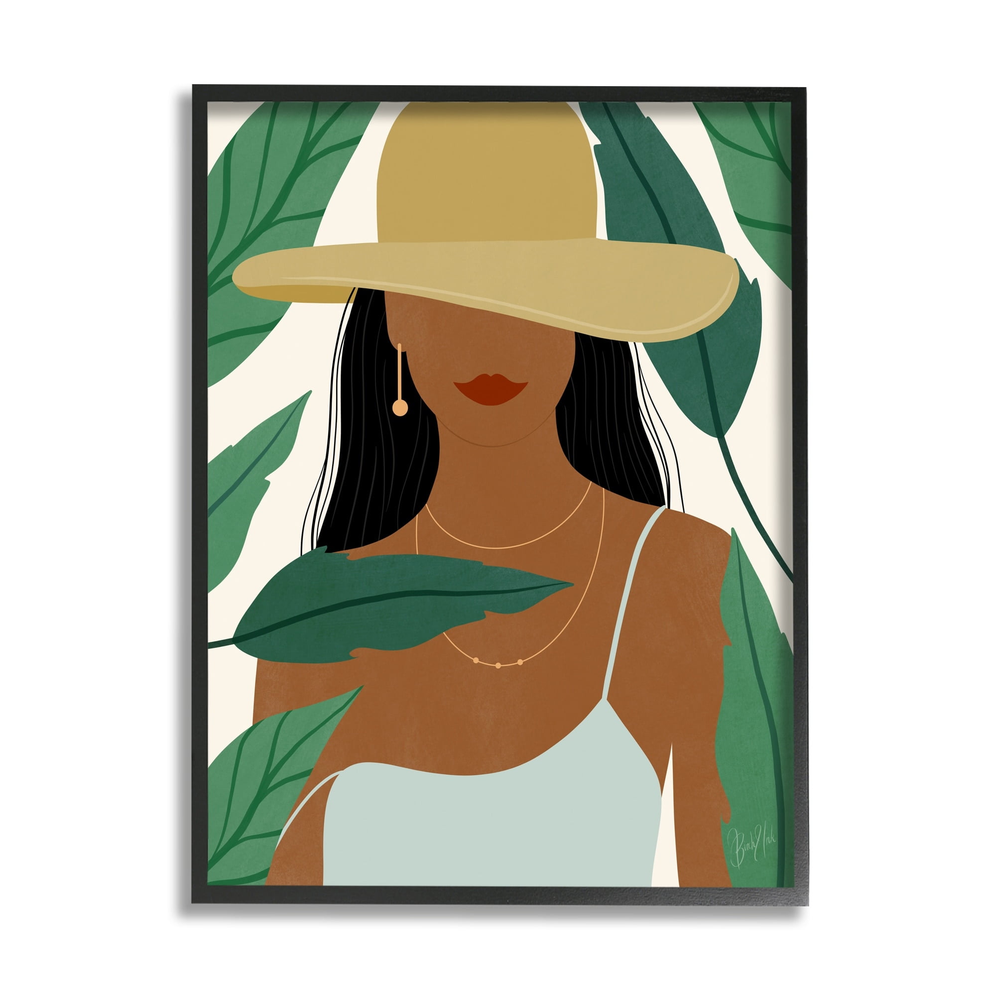 Stupell Industries Smiling Woman Wearing Sun Hat Drifting Leaves Graphic Art Black Framed Art Print Wall Art, Design by Birch&Ink