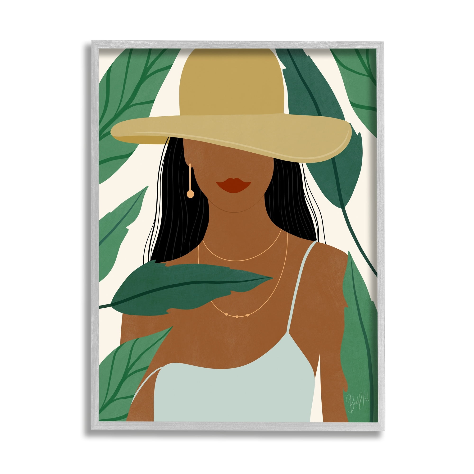 Stupell Industries Smiling Woman Wearing Sun Hat Drifting Leaves Graphic Art Gray Framed Art Print Wall Art, Design by Birch&Ink