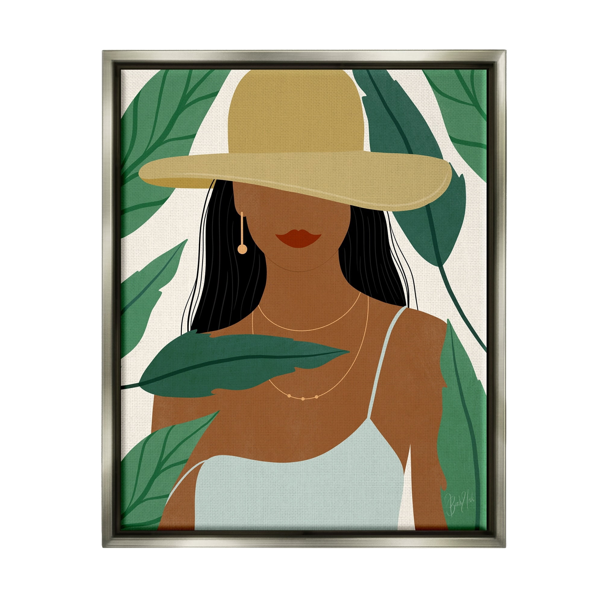 Stupell Industries Smiling Woman Wearing Sun Hat Drifting Leaves Graphic Art Luster Gray Floating Framed Canvas Print Wall Art, Design by Birch&Ink
