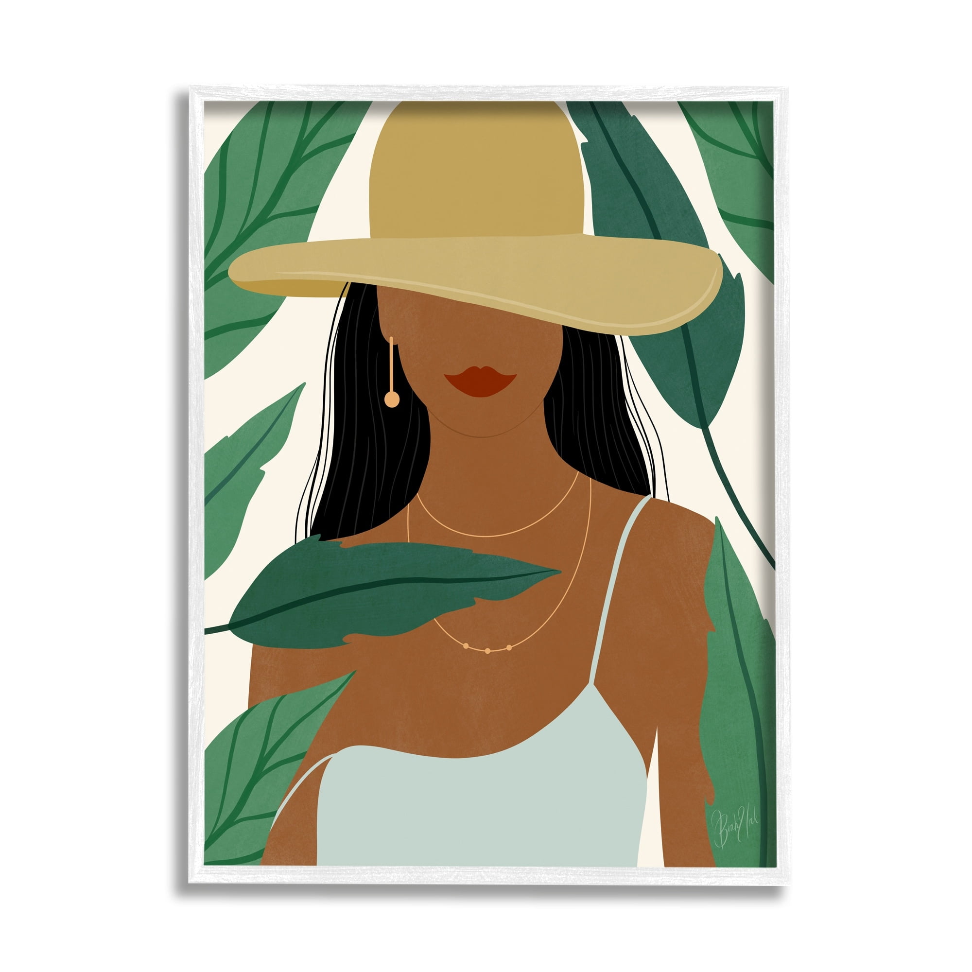 Stupell Industries Smiling Woman Wearing Sun Hat Drifting Leaves Graphic Art White Framed Art Print Wall Art, Design by Birch&Ink
