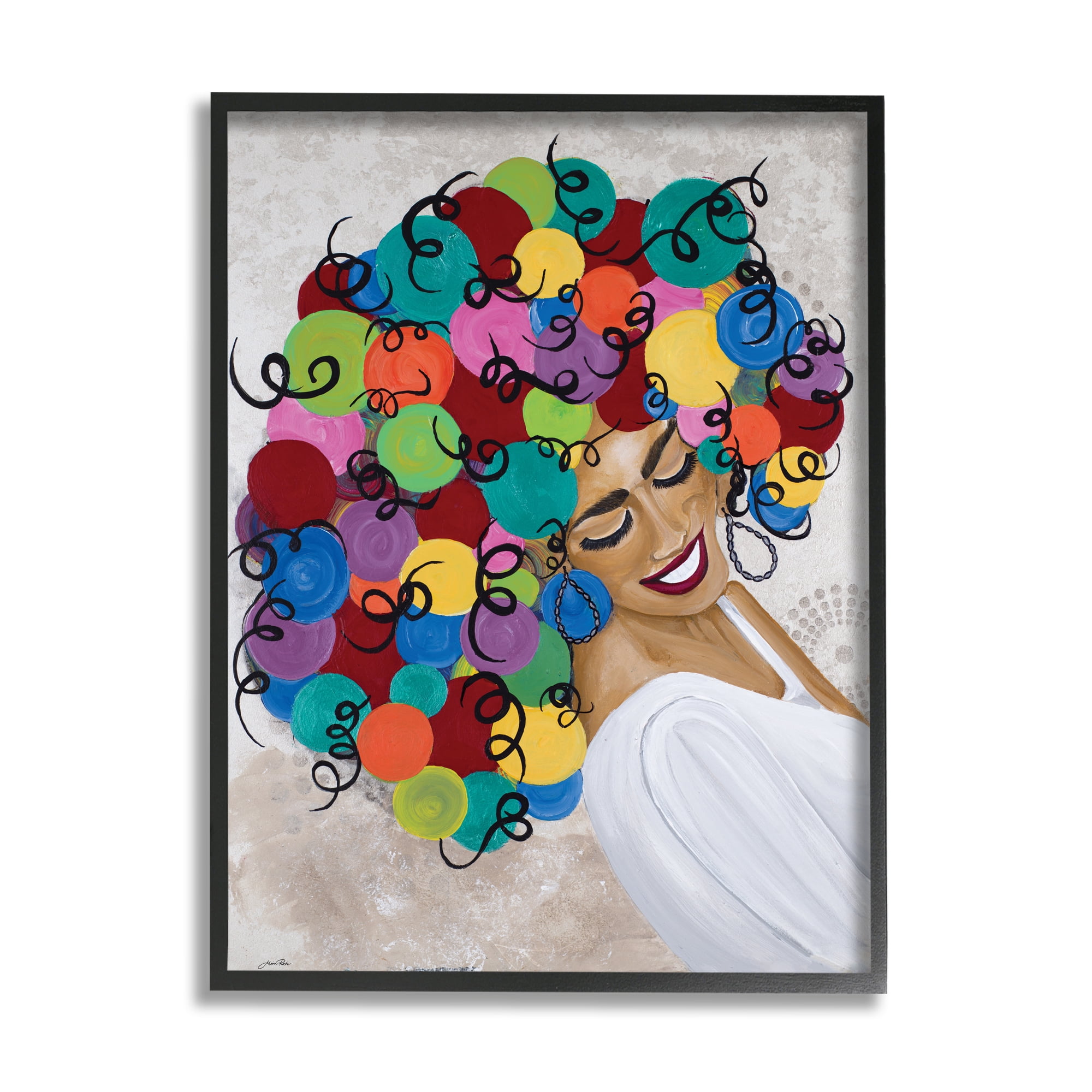 Stupell Industries Smiling Woman With Rainbow Abstract Curly Hair Graphic Art Black Framed Art Print Wall Art, 16x20, by Gina Ritter
