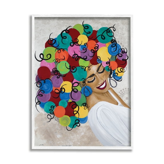 Stupell Industries Smiling Woman With Rainbow Abstract Curly Hair Graphic Art White Framed Art Print Wall Art, 24x30, by Gina Ritter