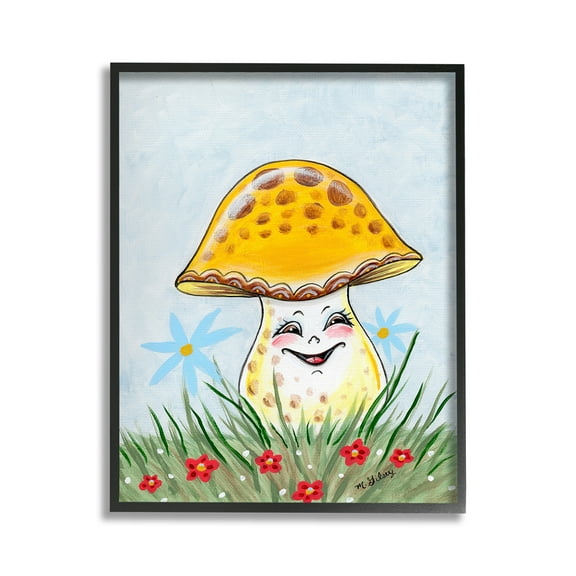 Stupell Industries Smiling Yellow Mushroom Botanical & Floral Painting Black Framed Art Print Wall Art, 11 x 14