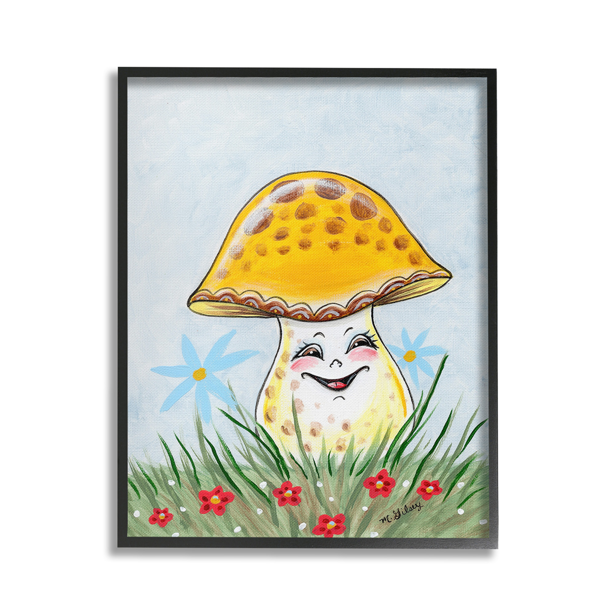 Stupell Industries Smiling Yellow Mushroom Botanical & Floral Painting Black Framed Art Print Wall Art, 24 x 30