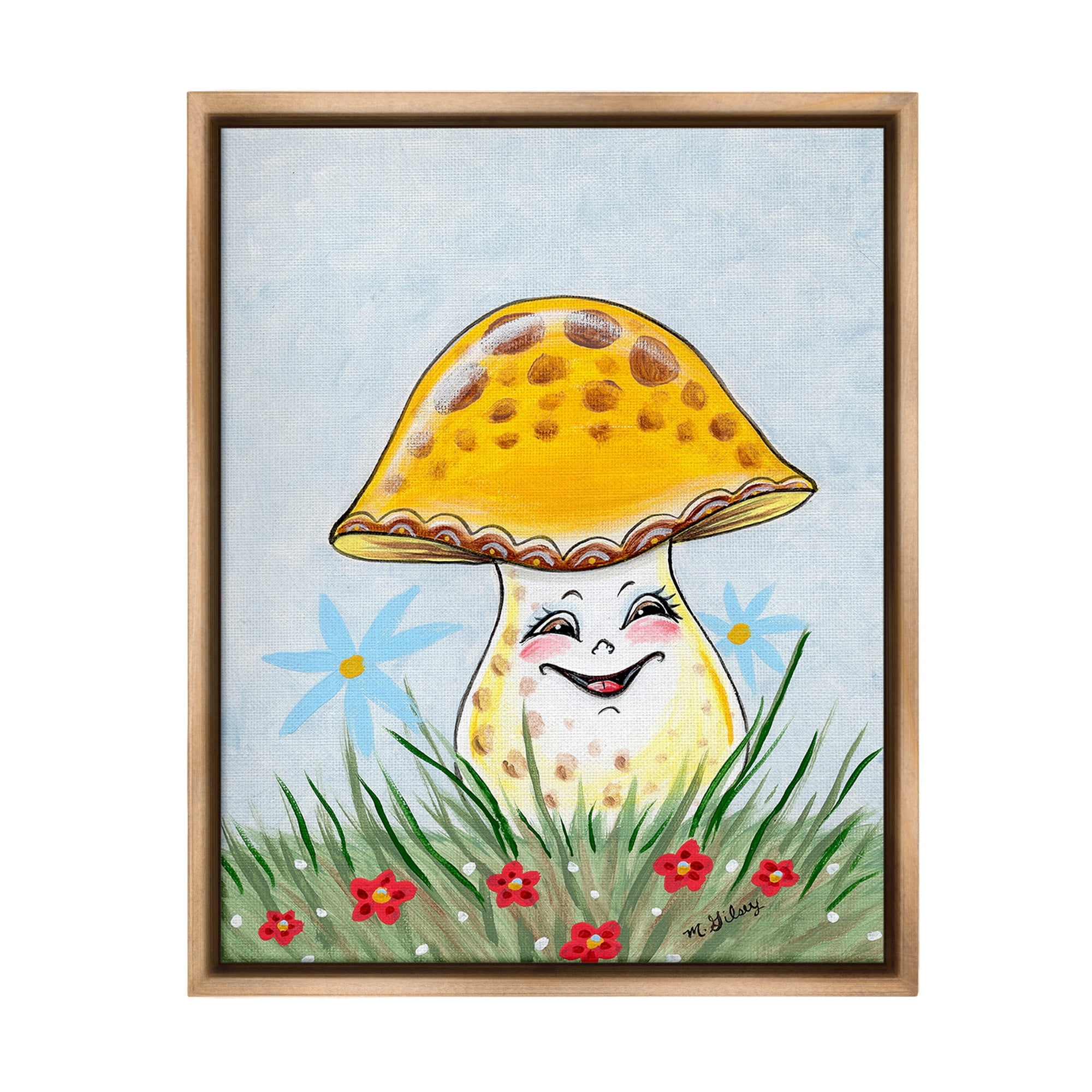 Stupell Industries Smiling Yellow Mushroom Botanical & Floral Painting Brown Floater Framed Canvas Art Print Wall Art, 25 x 31