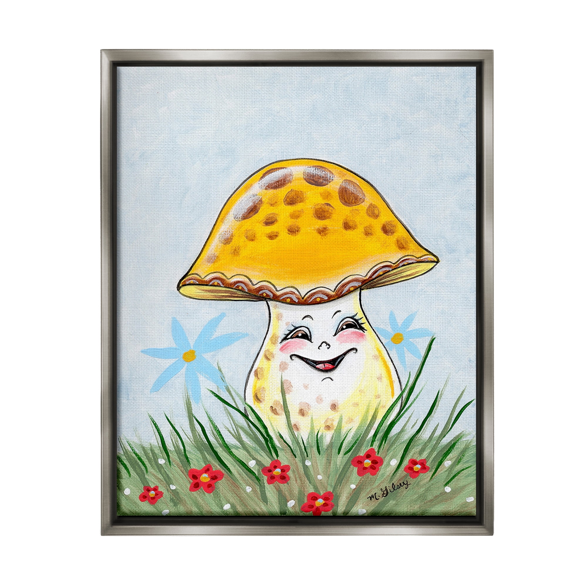 Stupell Industries Smiling Yellow Mushroom Botanical & Floral Painting Gray Floater Framed Canvas Art Print Wall Art, 17 x 21