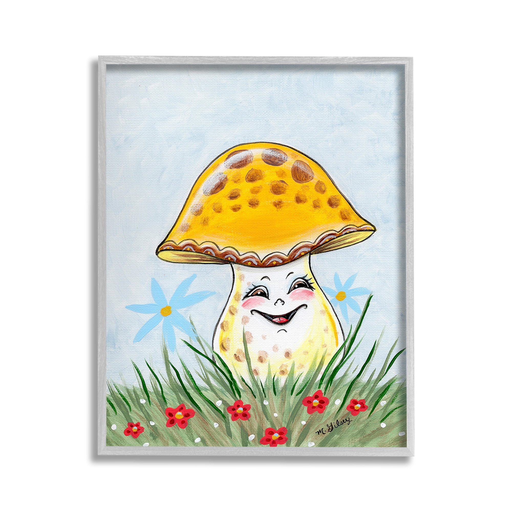 Stupell Industries Smiling Yellow Mushroom Botanical & Floral Painting Gray Framed Art Print Wall Art, 11 x 14