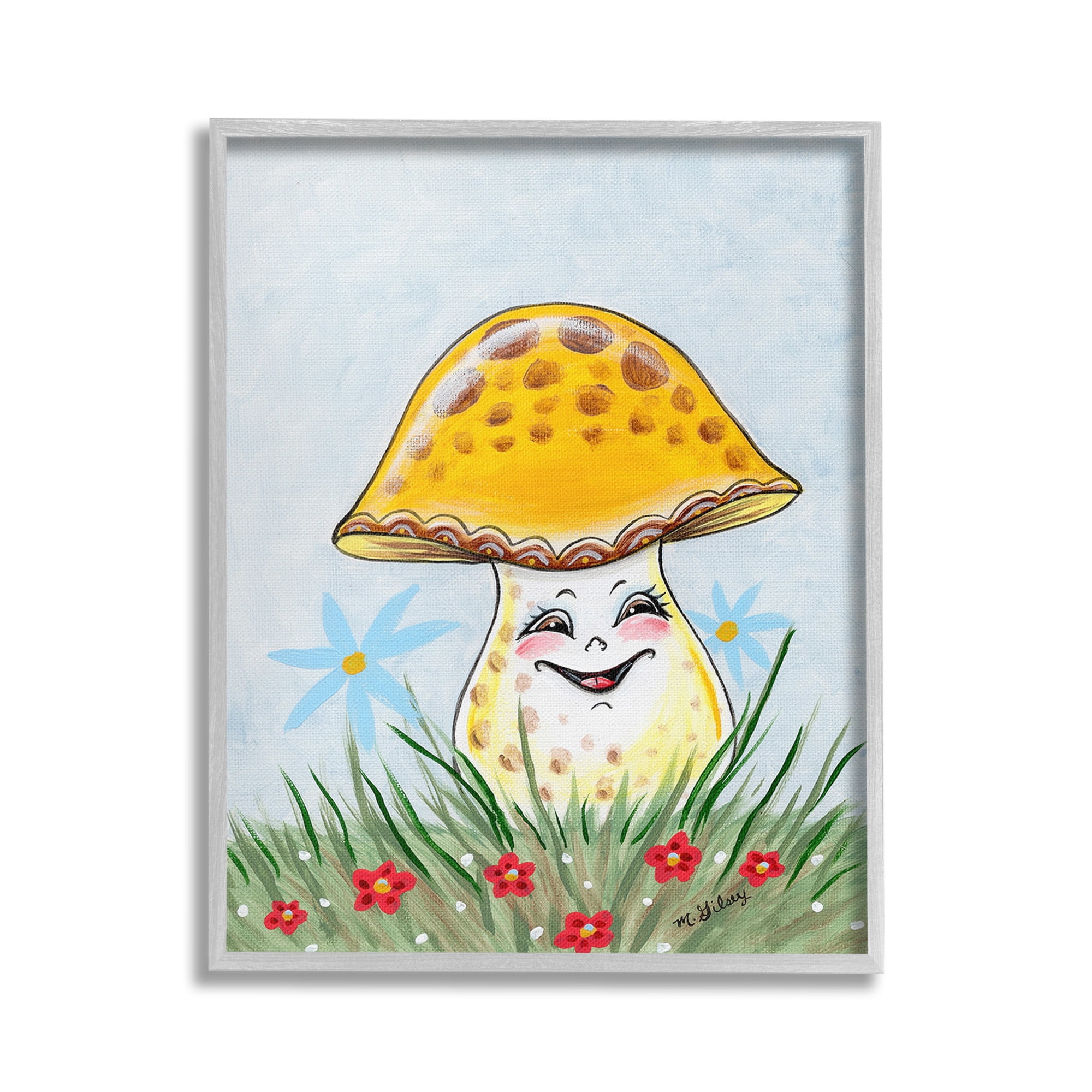 Stupell Industries Smiling Yellow Mushroom Botanical & Floral Painting Gray Framed Art Print Wall Art, 16 x 20