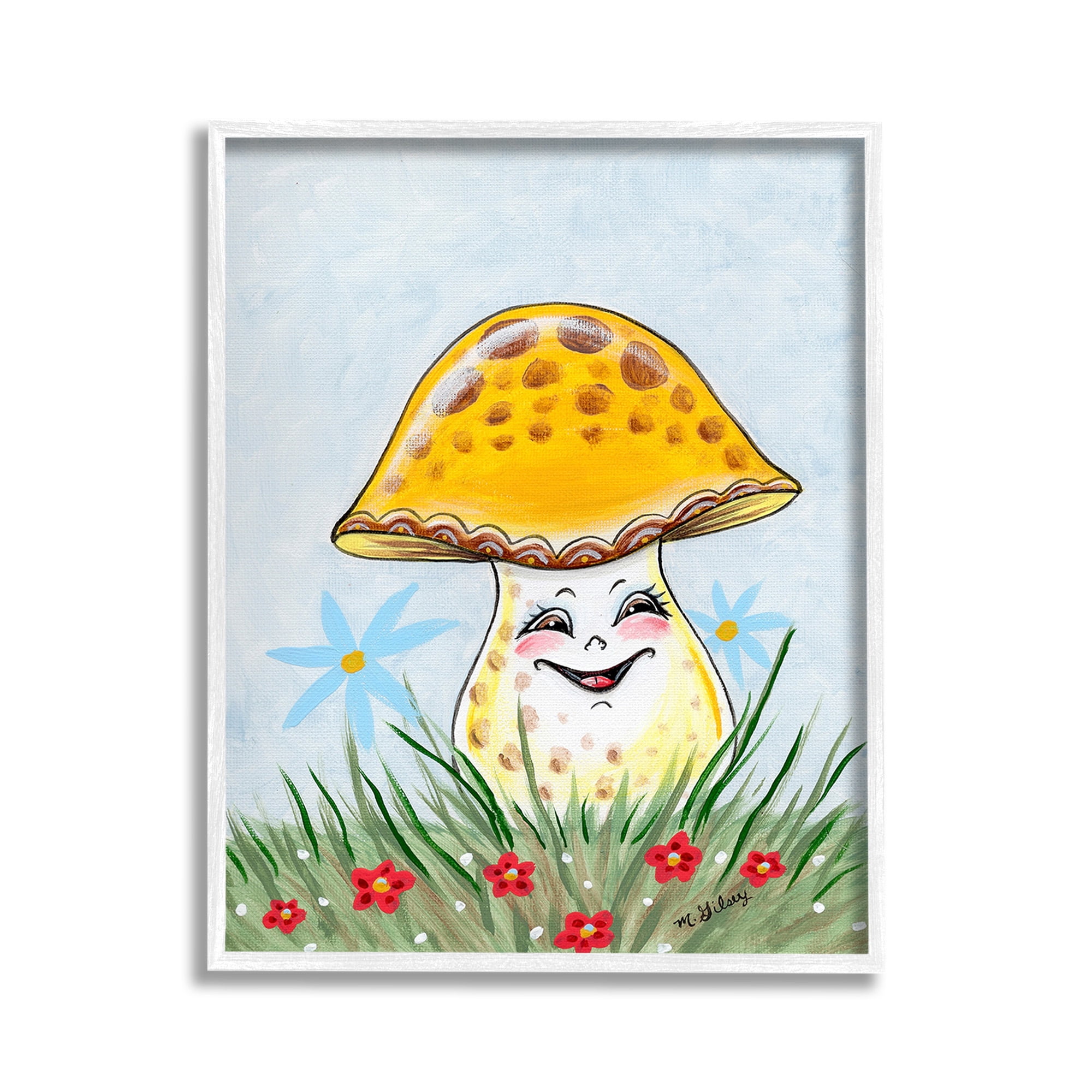 Stupell Industries Smiling Yellow Mushroom Botanical & Floral Painting White Framed Art Print Wall Art, 11 x 14