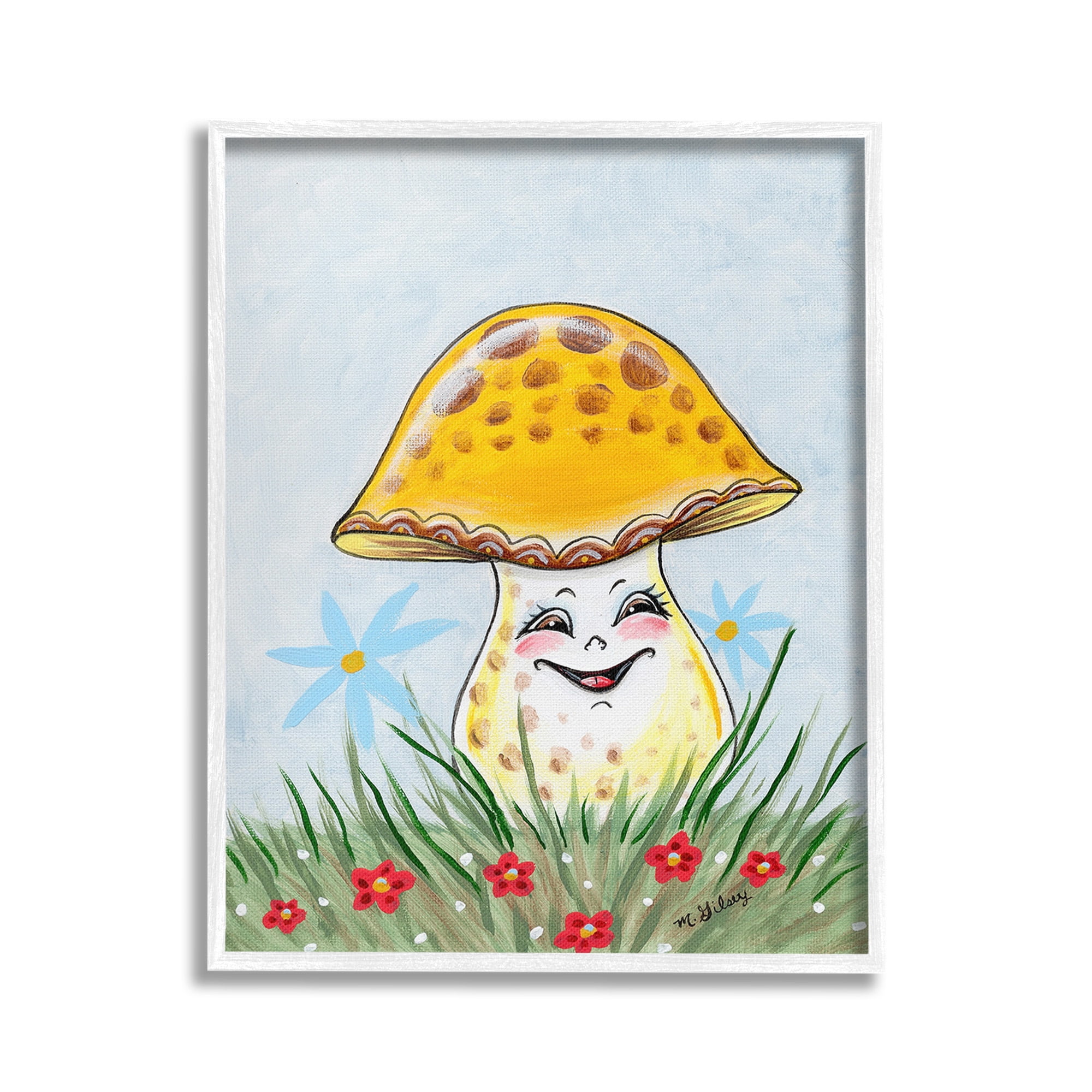Stupell Industries Smiling Yellow Mushroom Botanical & Floral Painting White Framed Art Print Wall Art, 16 x 20