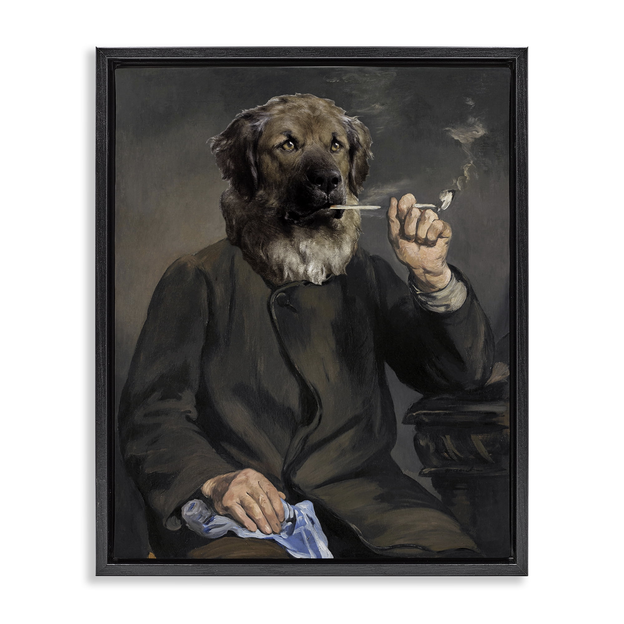 Stupell Industries Smoking Historical Dog Novelty & Humor Painting Black Floater Framed Canvas Art Print Wall Art, 25 x 31