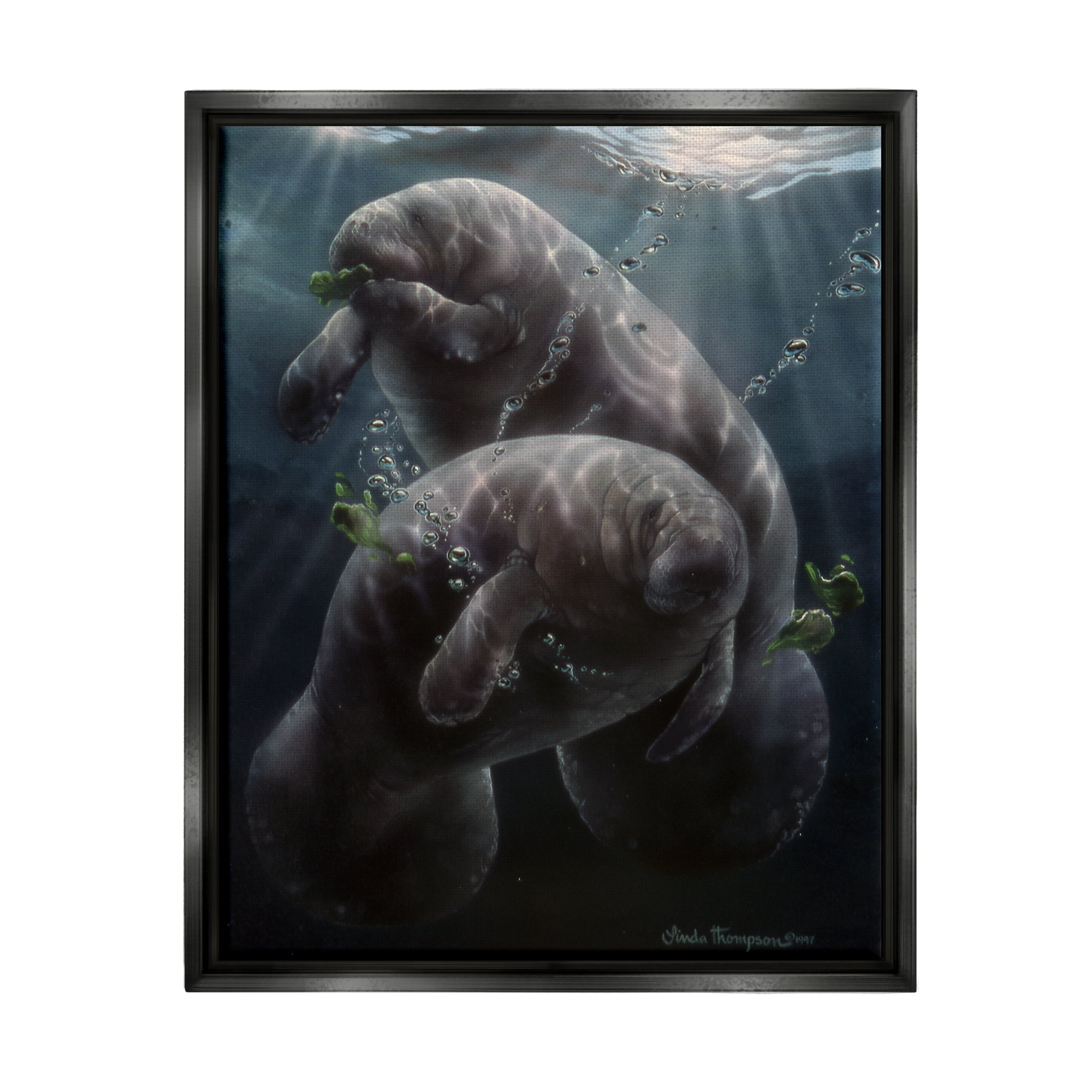 Stupell Industries Snack Time Manatees Underwater Coastal Painting Black Floater Framed Art Print Wall Art
