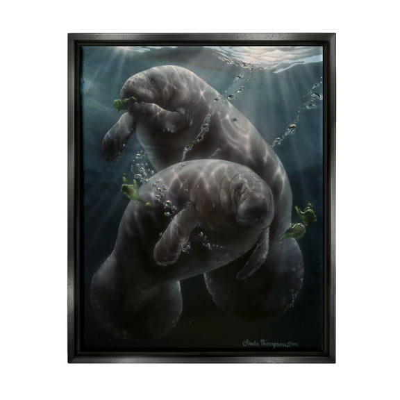 Stupell Industries Snack Time Manatees Underwater Coastal Painting Black Floater Framed Art Print Wall Art