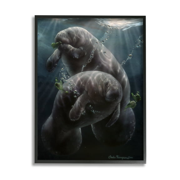 Stupell Industries Snack Time Manatees Underwater Coastal Painting Black Framed Art Print Wall Art