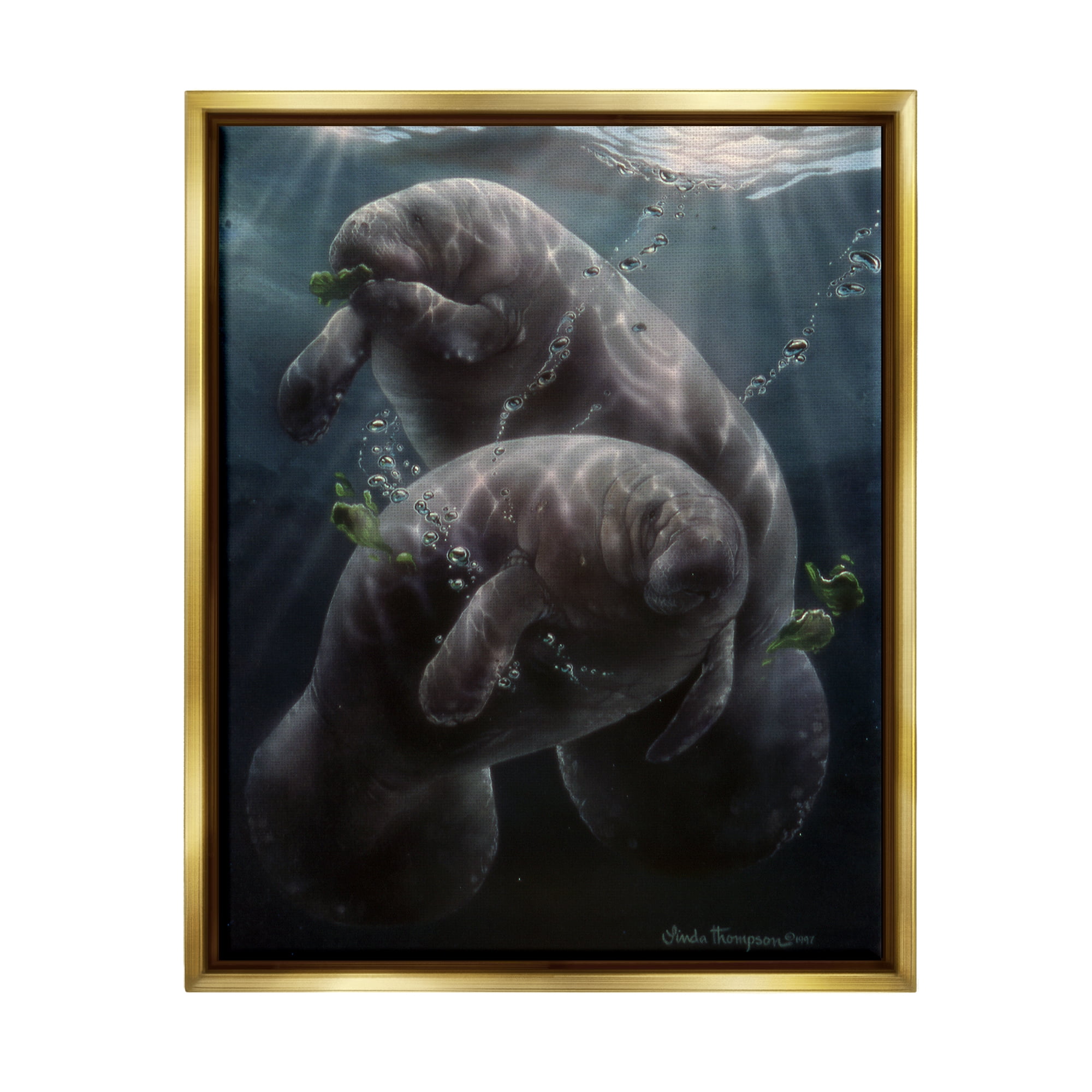 Stupell Industries Snack Time Manatees Underwater Coastal Painting Gold Floater Framed Art Print Wall Art