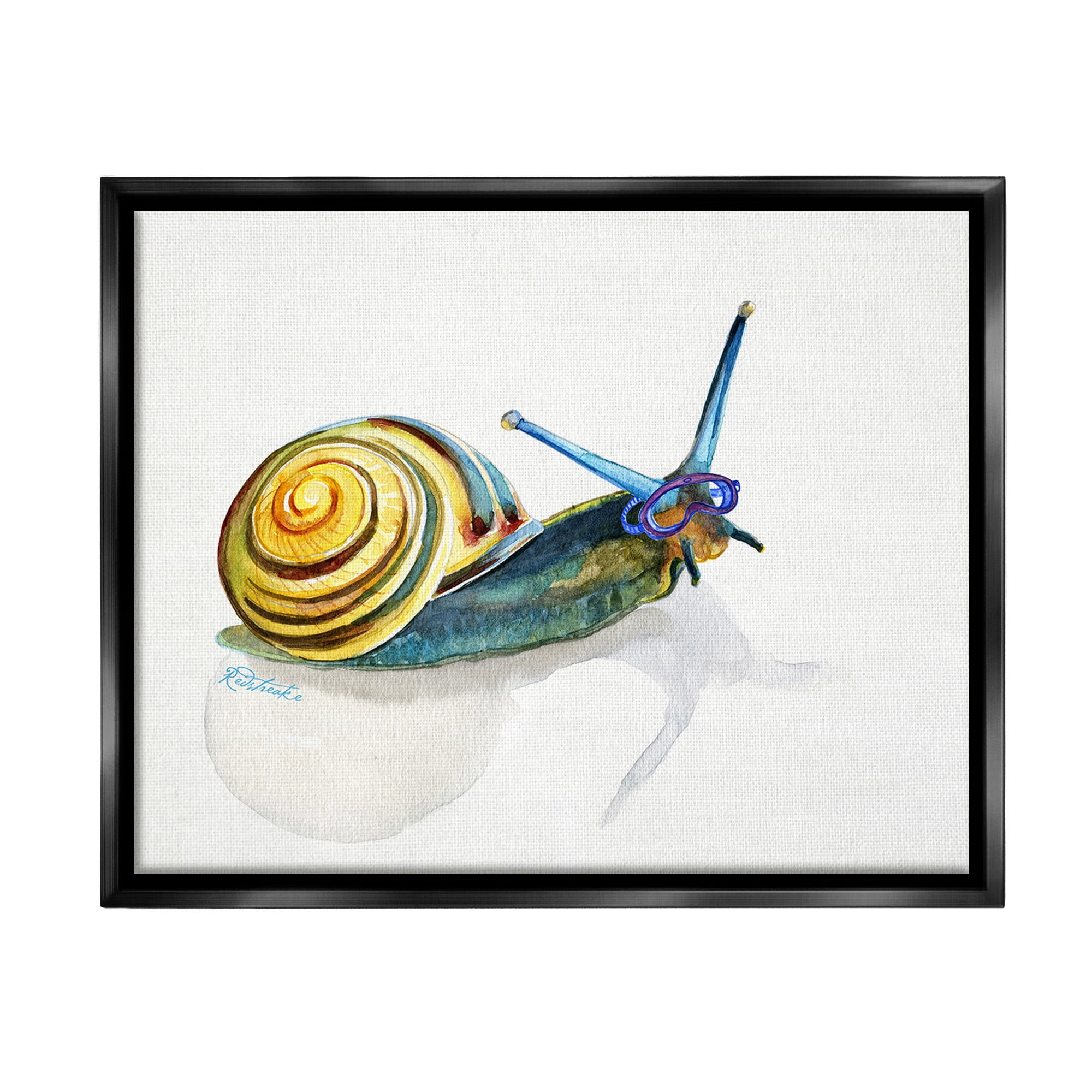 Stupell Industries Snail Wearing Snorkel Mask Animals & Insects Painting Black Floater Framed Canvas Art Print Wall Art, 31 x 25
