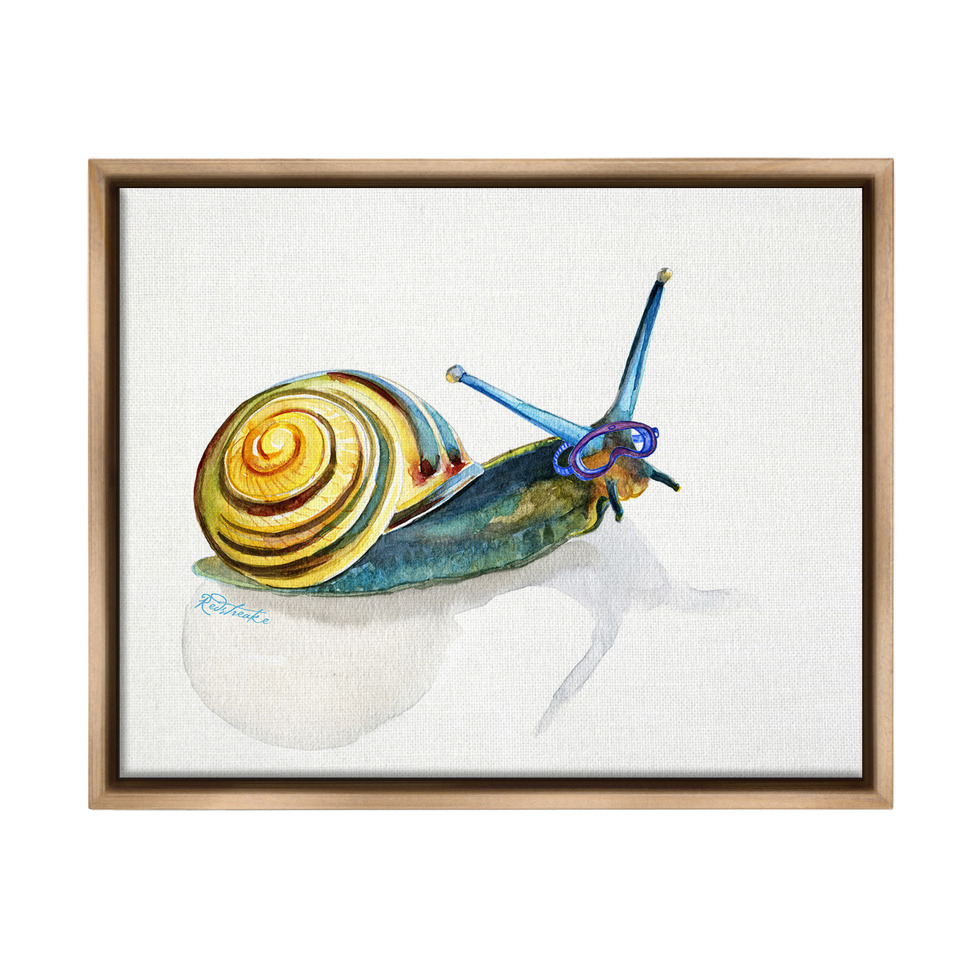 Stupell Industries Snail Wearing Snorkel Mask Animals & Insects Painting Brown Floater Framed Canvas Art Print Wall Art, 21 x 17