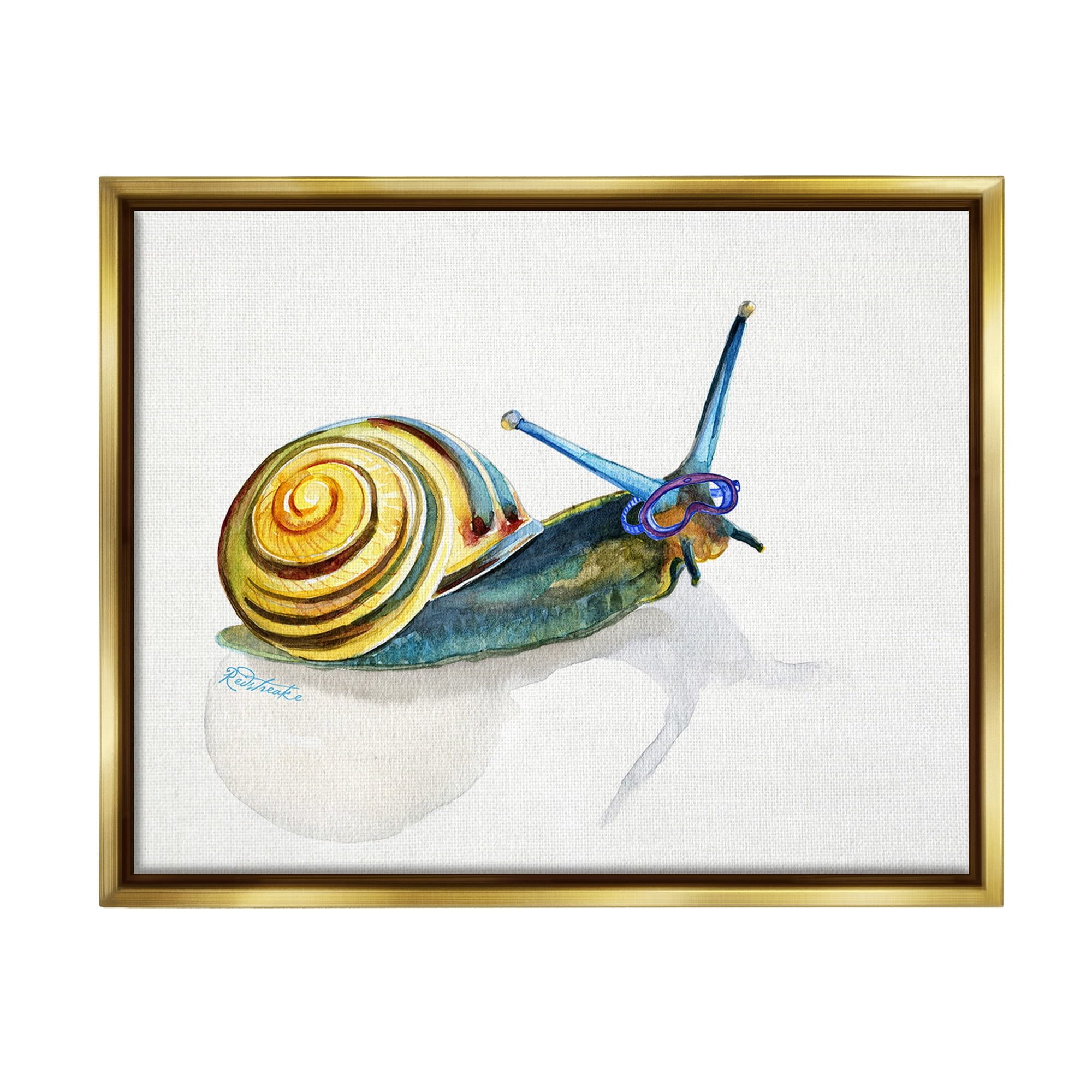 Stupell Industries Snail Wearing Snorkel Mask Animals & Insects Painting Gold Floater Framed Canvas Art Print Wall Art, 31 x 25