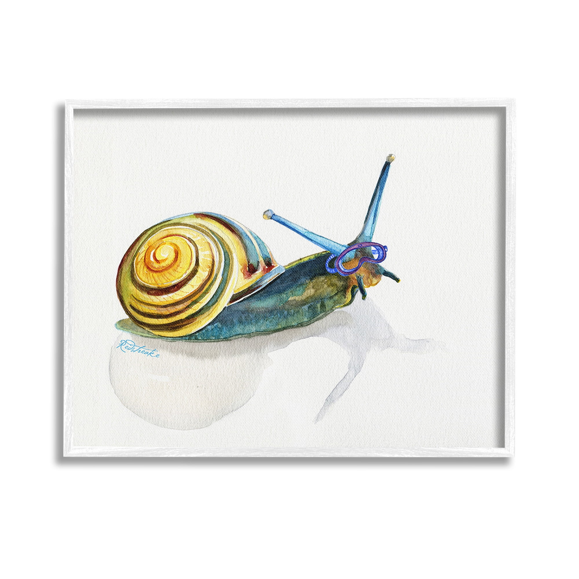 Stupell Industries Snail Wearing Snorkel Mask Animals & Insects Painting White Framed Art Print Wall Art, 14 x 11