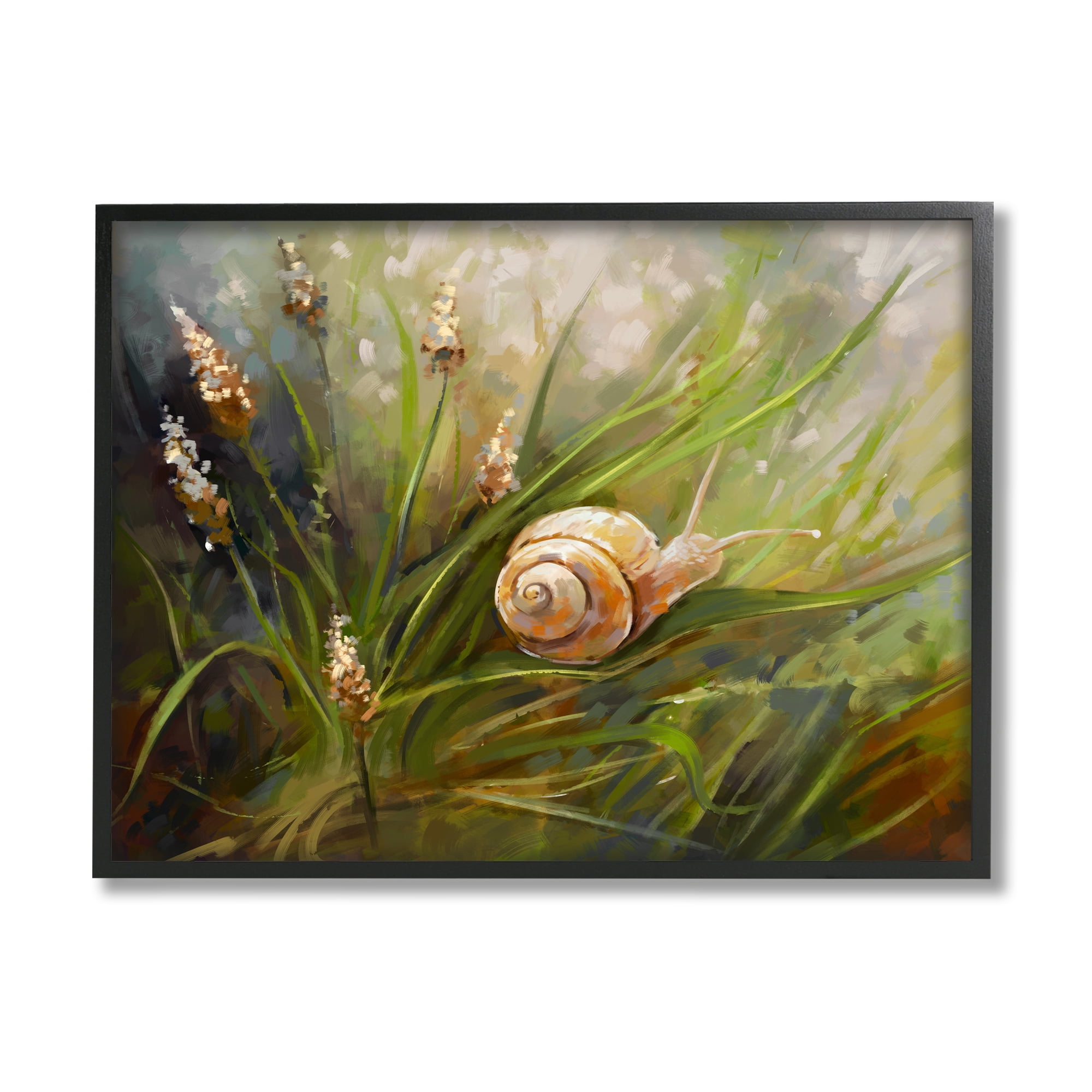 Stupell Industries Snail on Greenery Painting Animals & Insects Painting Black Framed Art Print Wall Art, 30 x 24
