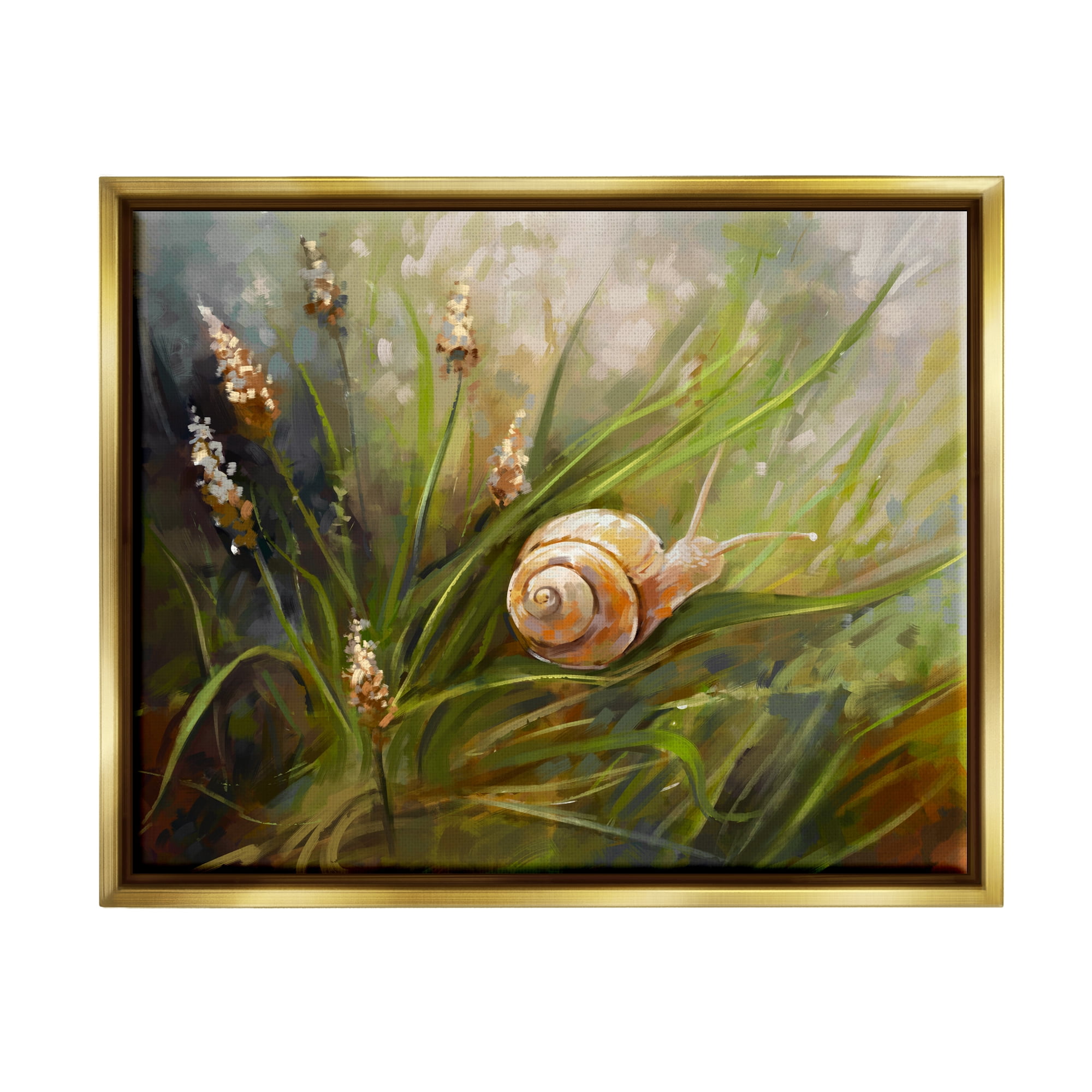 Stupell Industries Snail on Greenery Painting Animals & Insects Painting Gold Floater Framed Canvas Art Print Wall Art, 21 x 17