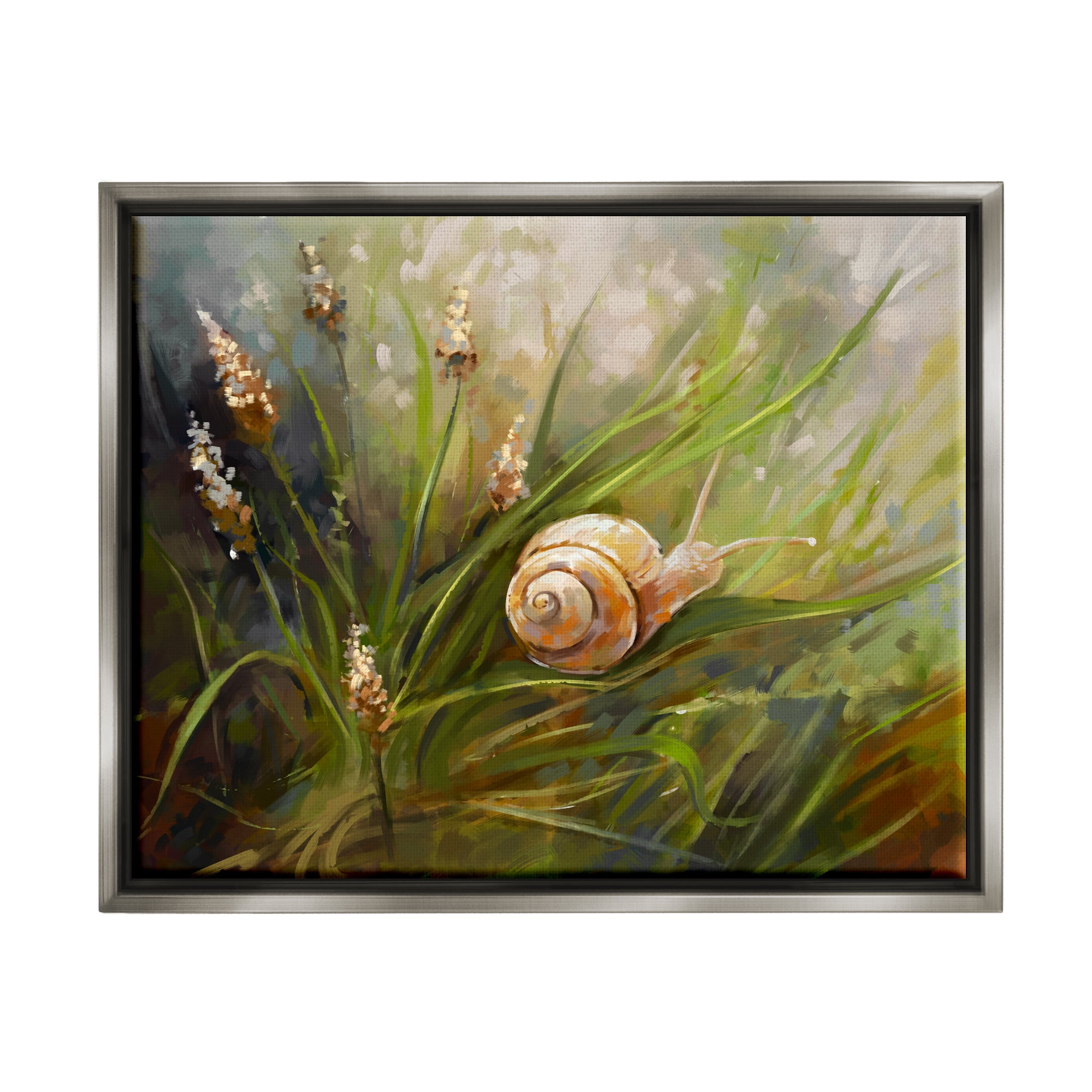 Stupell Industries Snail on Greenery Painting Animals & Insects Painting Gray Floater Framed Canvas Art Print Wall Art, 21 x 17