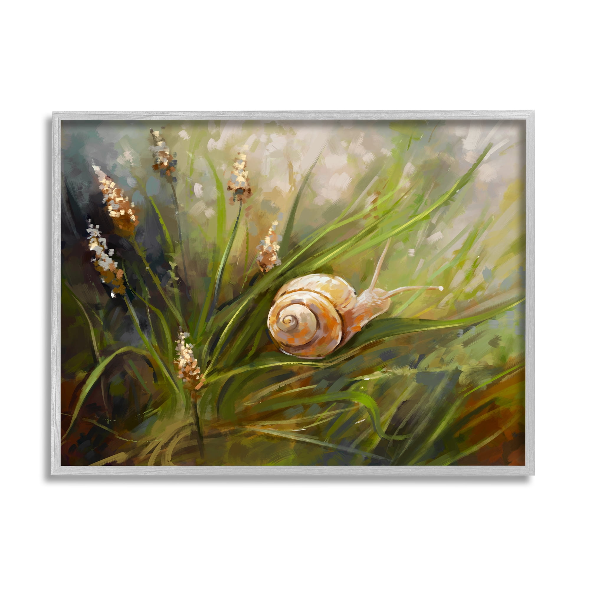 Stupell Industries Snail on Greenery Painting Animals & Insects Painting Gray Framed Art Print Wall Art, 20 x 16