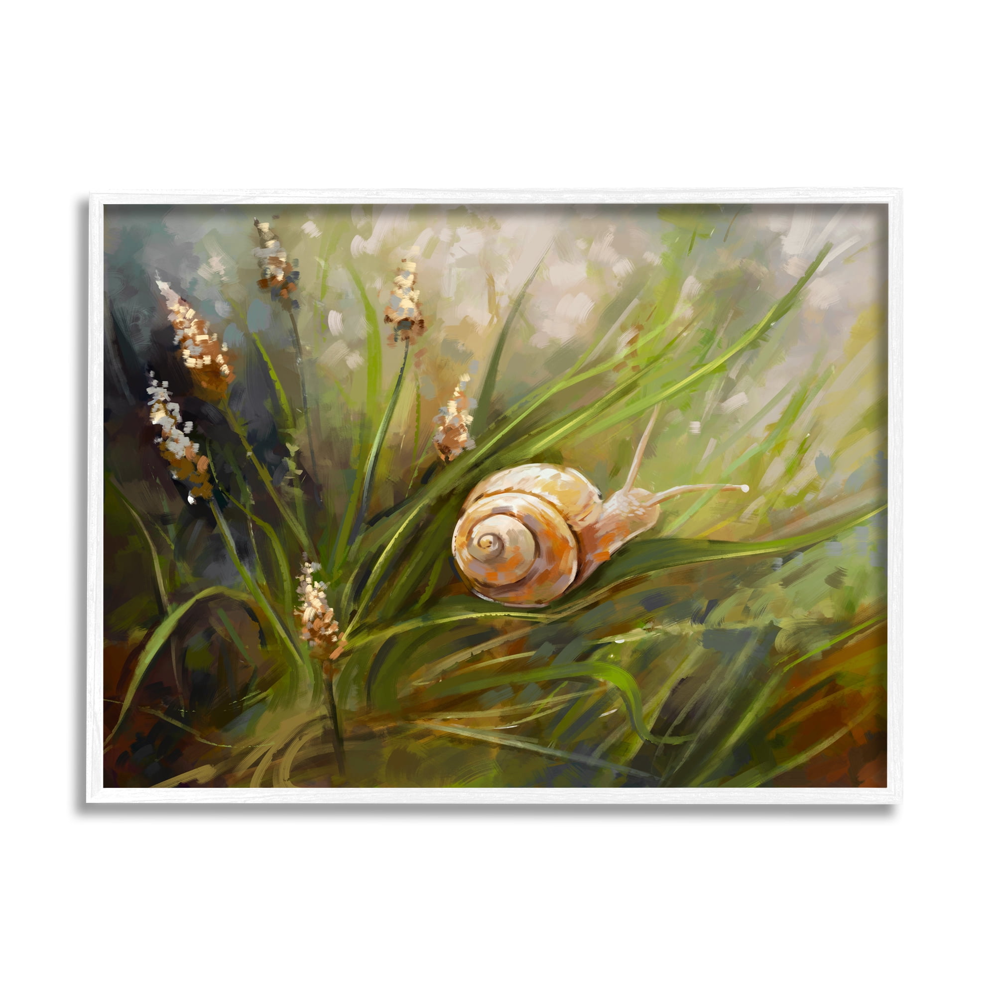 Stupell Industries Snail on Greenery Painting Animals & Insects Painting White Framed Art Print Wall Art, 20 x 16