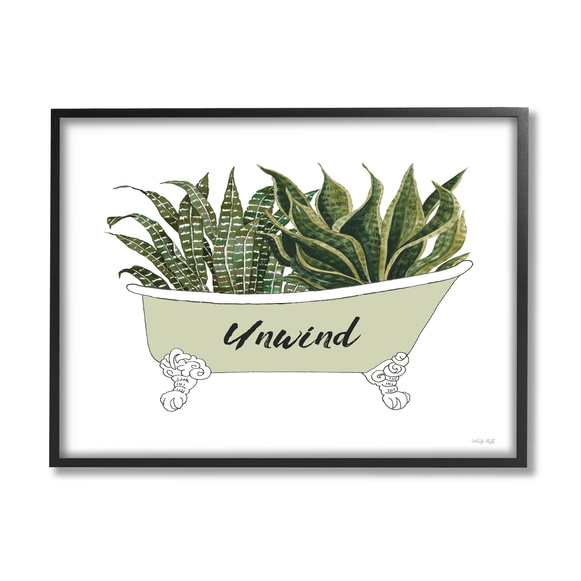 Stupell Industries Snake Plant in Tub Unwind Bath Typography Graphic Art Black Framed Art Print Wall Art, Design by Cindy Jacobs