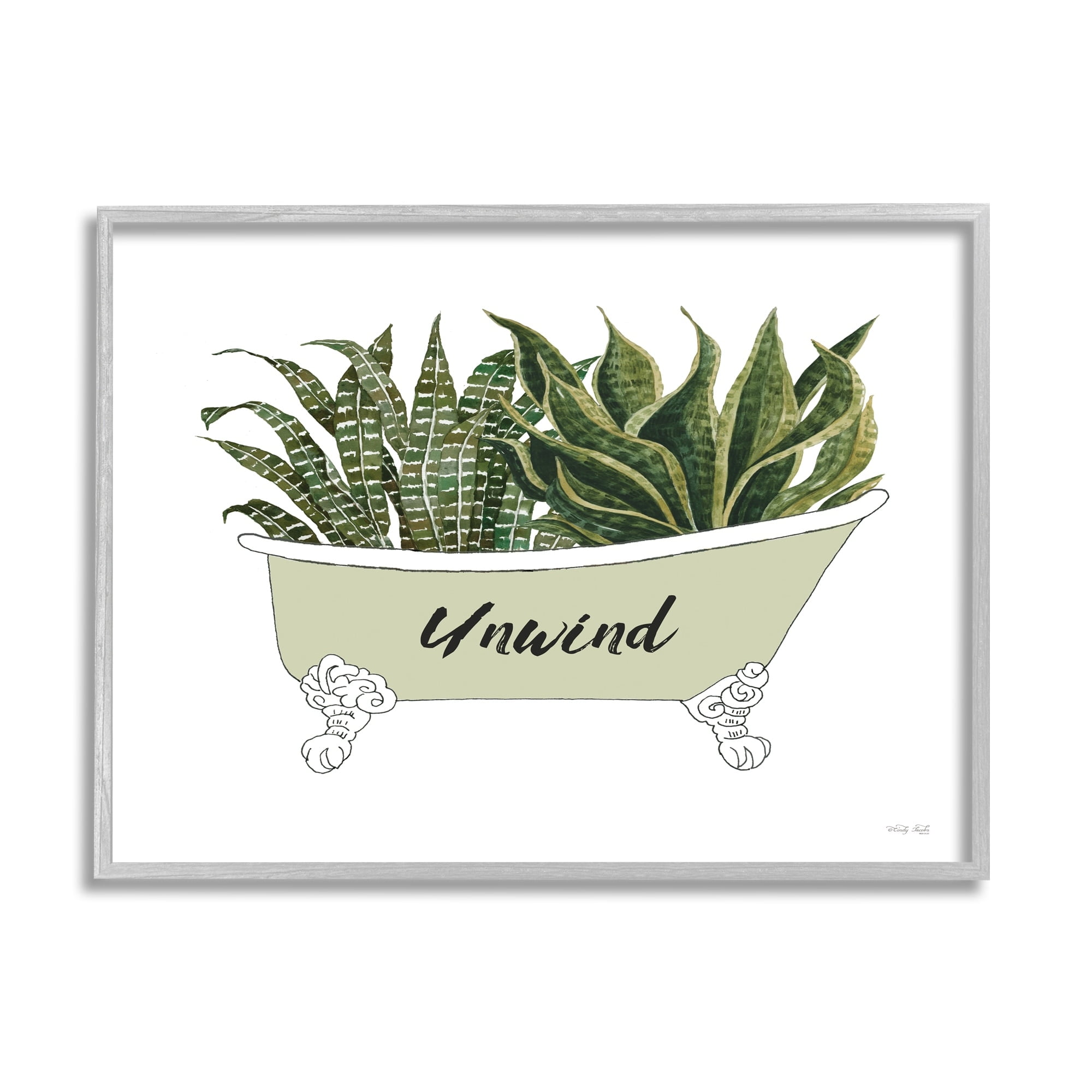 Stupell Industries Snake Plant in Tub Unwind Bath Typography Graphic Art Gray Framed Art Print Wall Art, Design by Cindy Jacobs