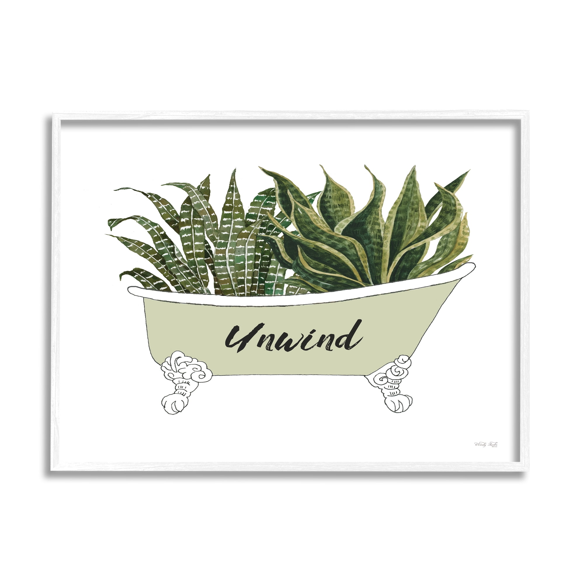 Stupell Industries Snake Plant in Tub Unwind Bath Typography Graphic Art White Framed Art Print Wall Art, Design by Cindy Jacobs