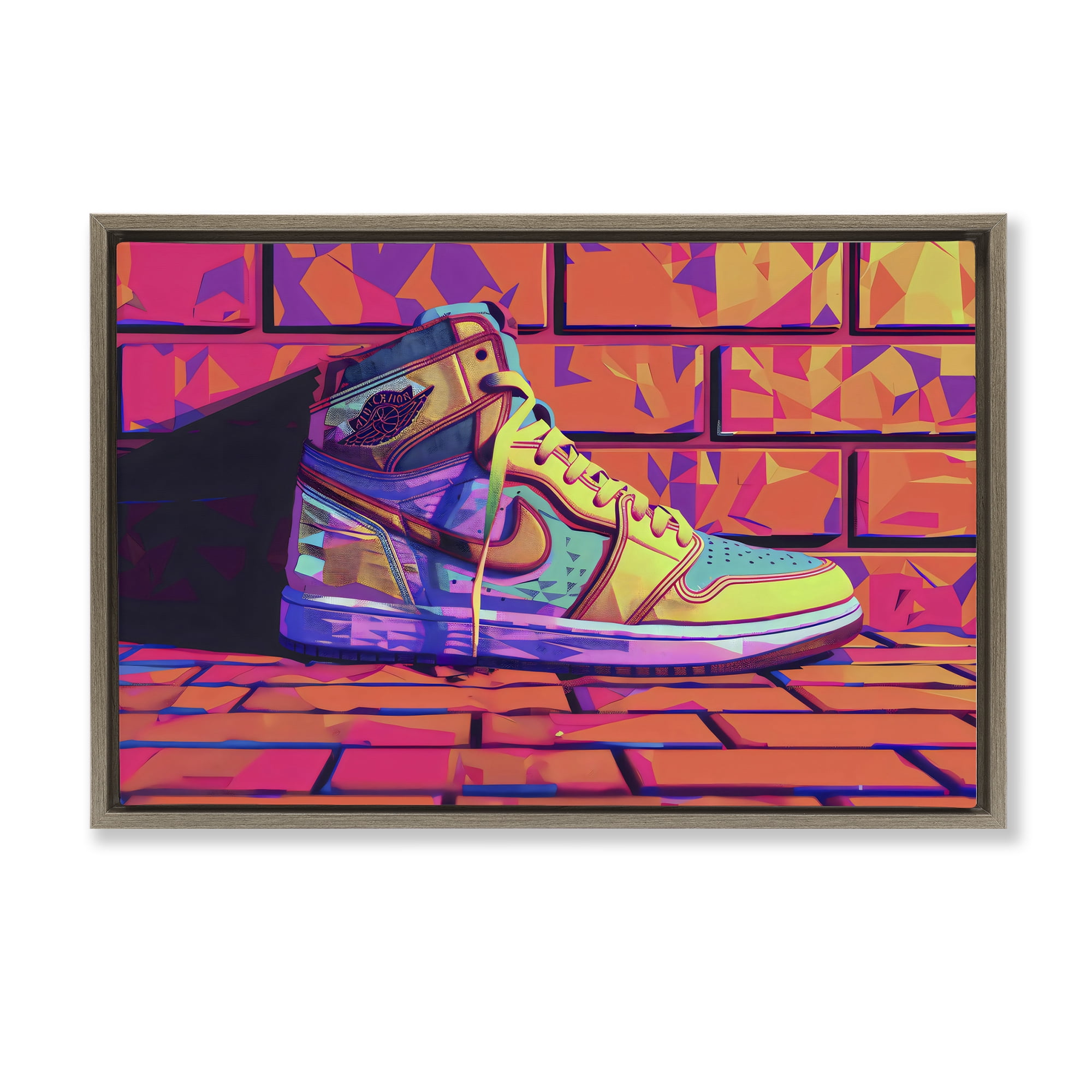 Stupell Industries Sneaker with Vibrant Geometric Hues Brown Framed Floater Canvas Wall Art, design by Creative Studio