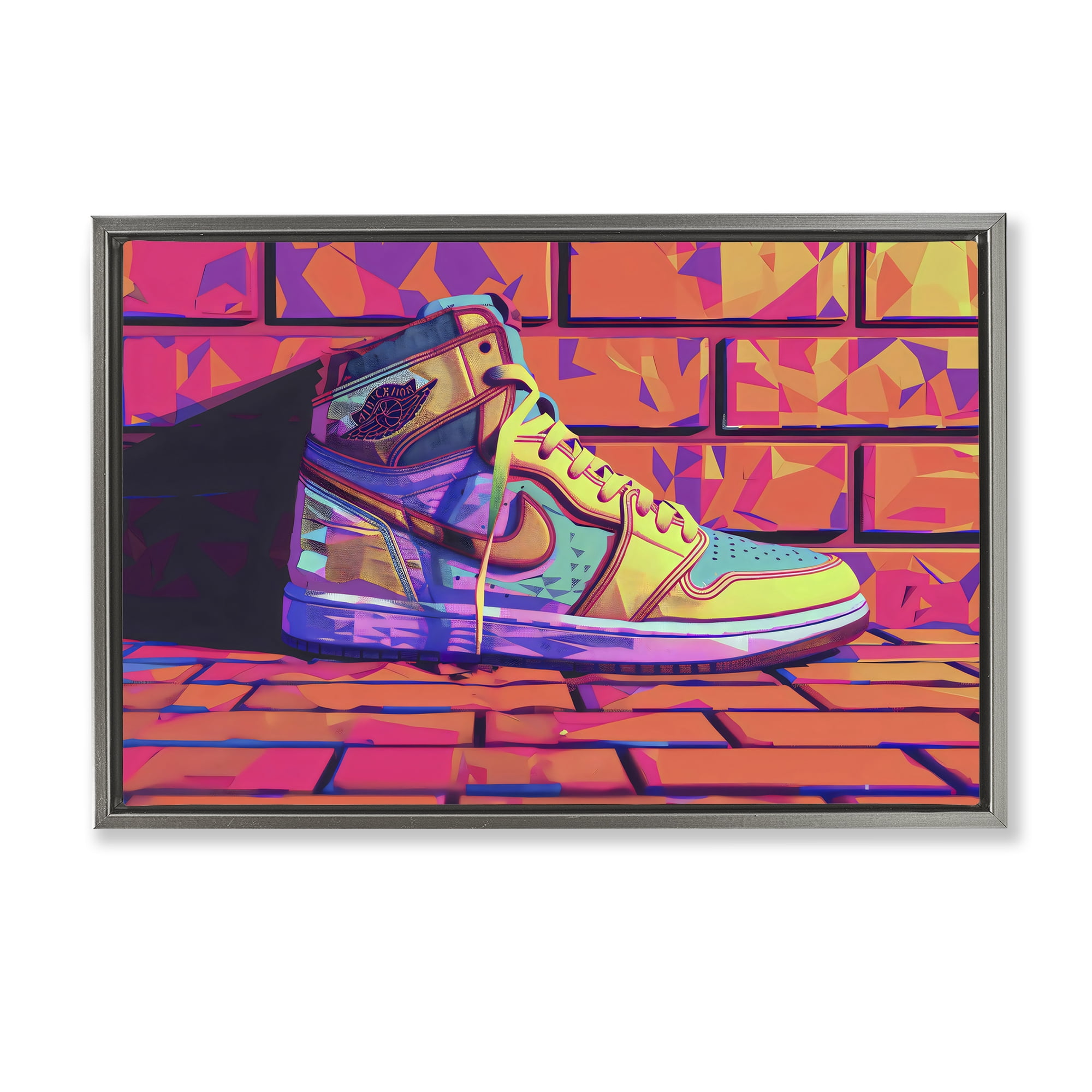 Stupell Industries Sneaker with Vibrant Geometric Hues Gray Framed Floater Canvas Wall Art, design by Creative Studio