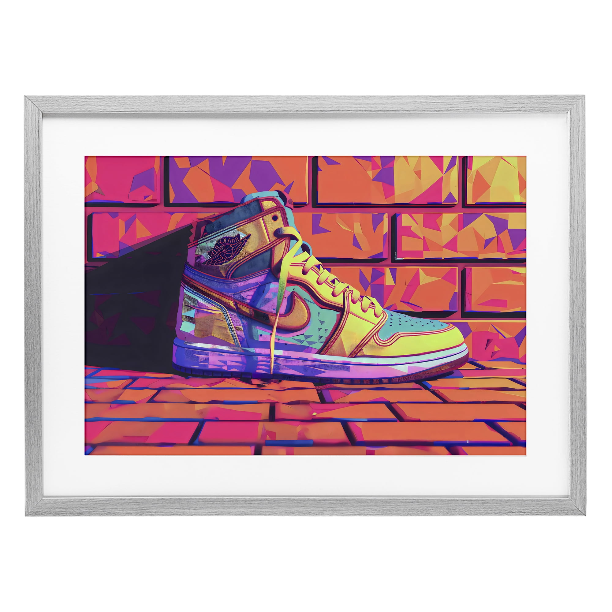 Stupell Industries Sneaker with Vibrant Geometric Hues Gray Framed Print Under Glass, design by Creative Studio