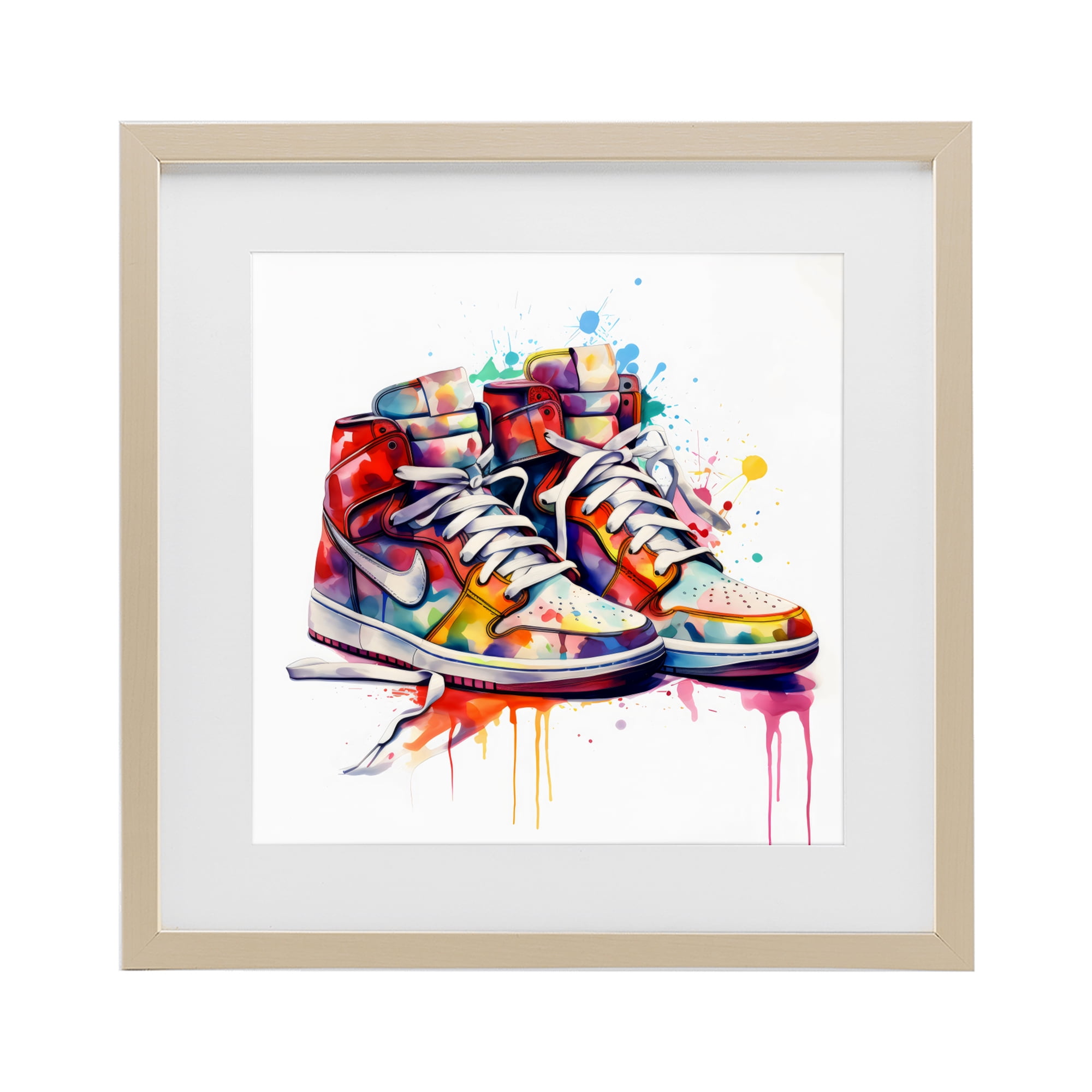 Stupell Industries Sneakers with Watercolor Drip Birch Framed Print Under Glass, design by Creative Studio