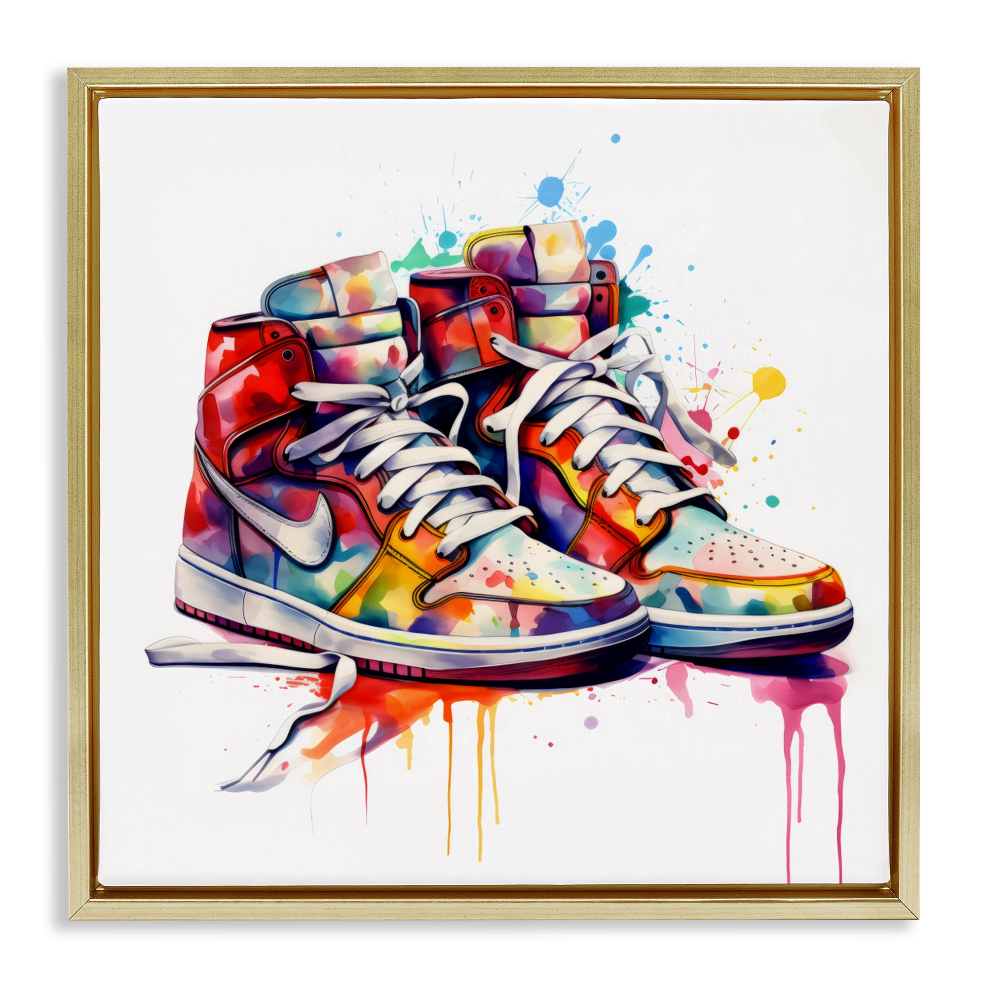 Stupell Industries Sneakers with Watercolor Drip Gold Framed Floater Canvas Wall Art, design by Creative Studio