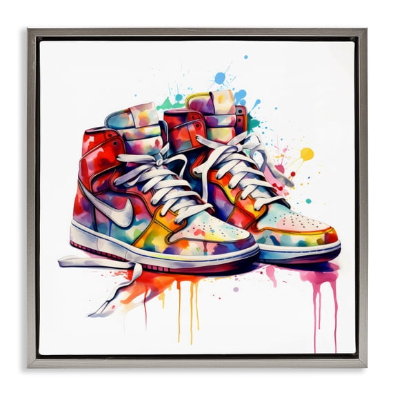 Stupell Industries Contemporary Sneakers with Watercolor Drip Gray Floating Frame Canvas Art, 25 x 25, by Creative Studio