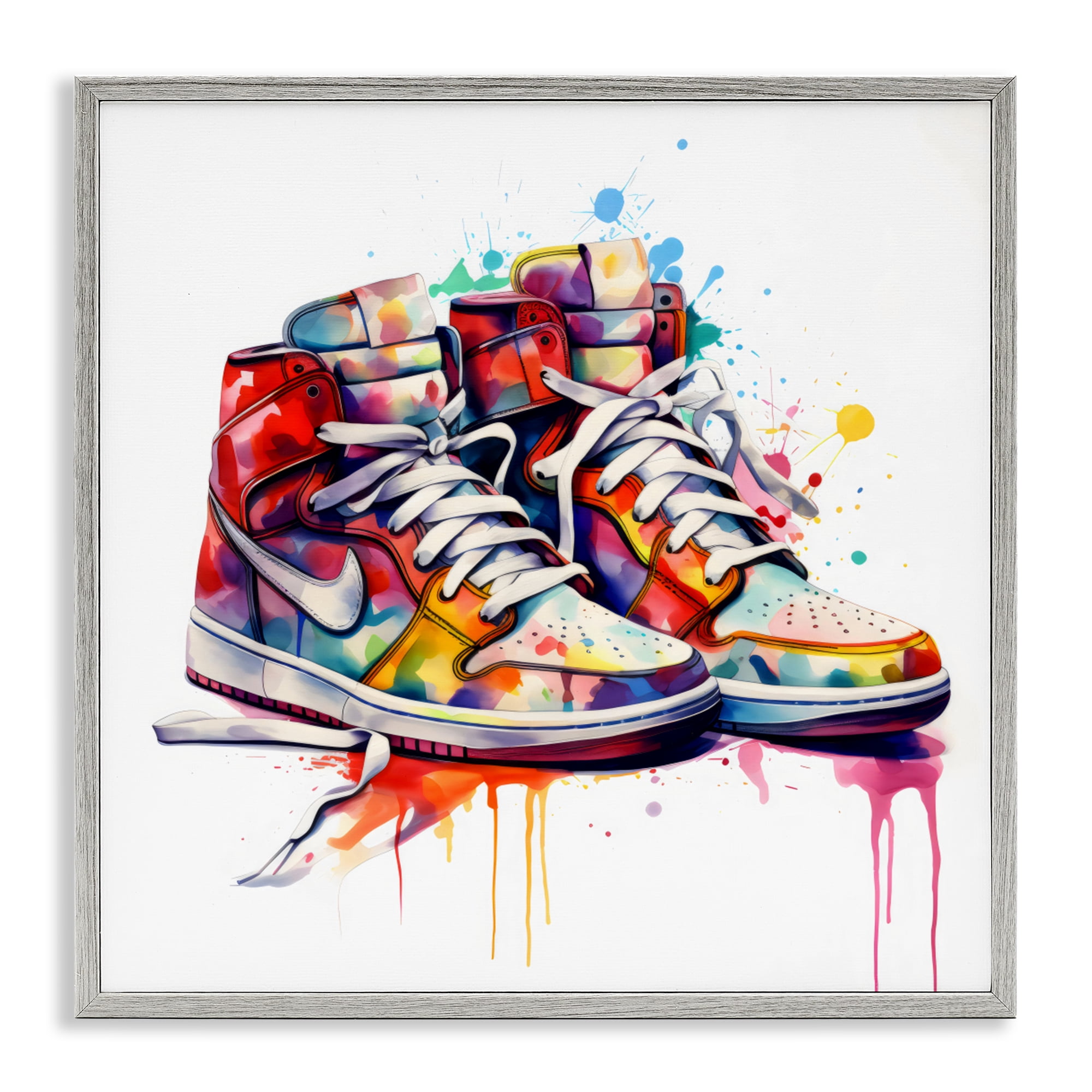 Stupell Industries Sneakers with Watercolor Drip Gray Framed Giclee Art, design by Creative Studio