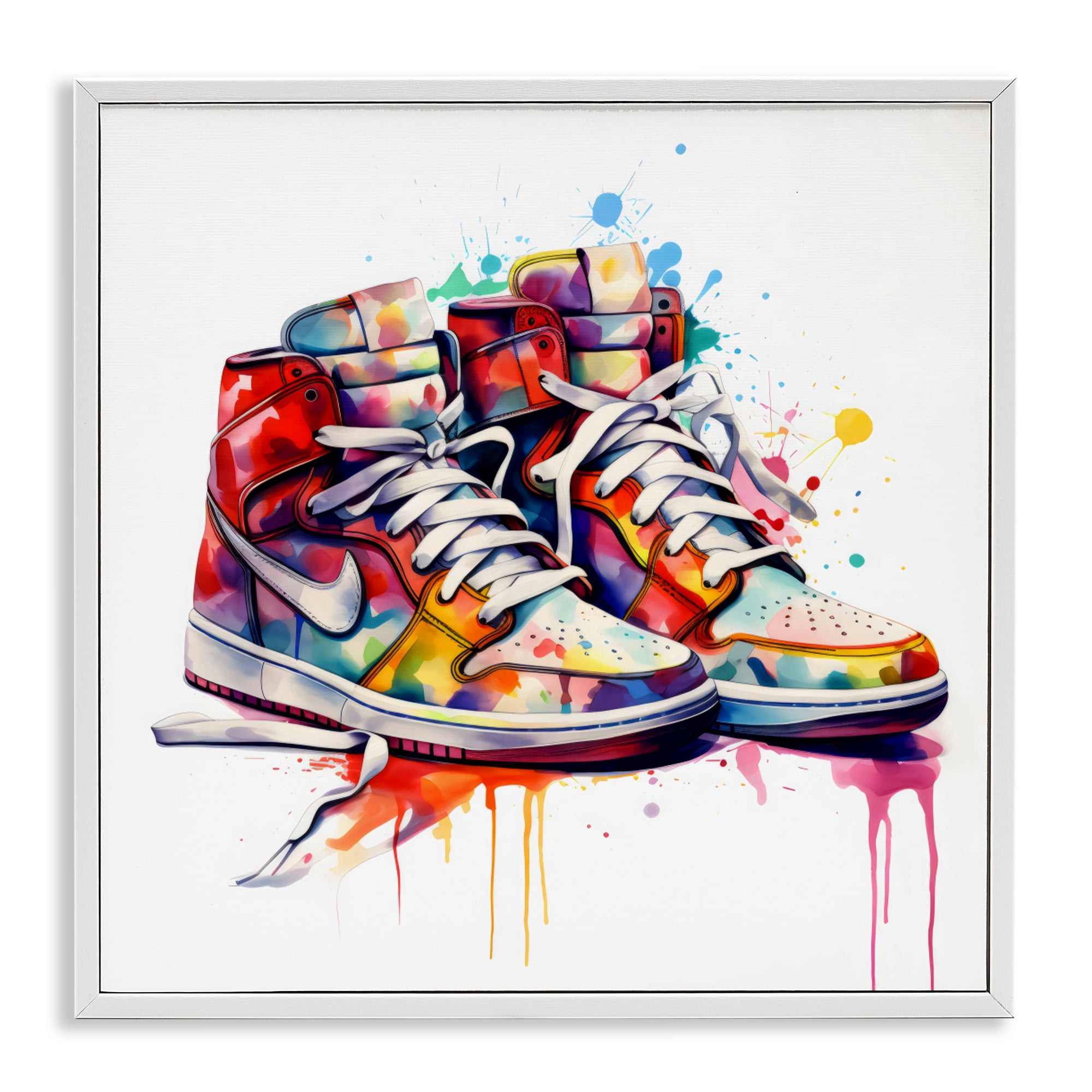 Stupell Industries Sneakers with Watercolor Drip White Framed Giclee Art, design by Creative Studio