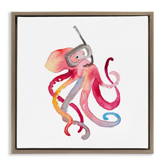 Stupell Industries Snorkel Mask Octopus Novelty Painting Brown Floater Framed Canvas Art Print Wall Art, 18 x 18