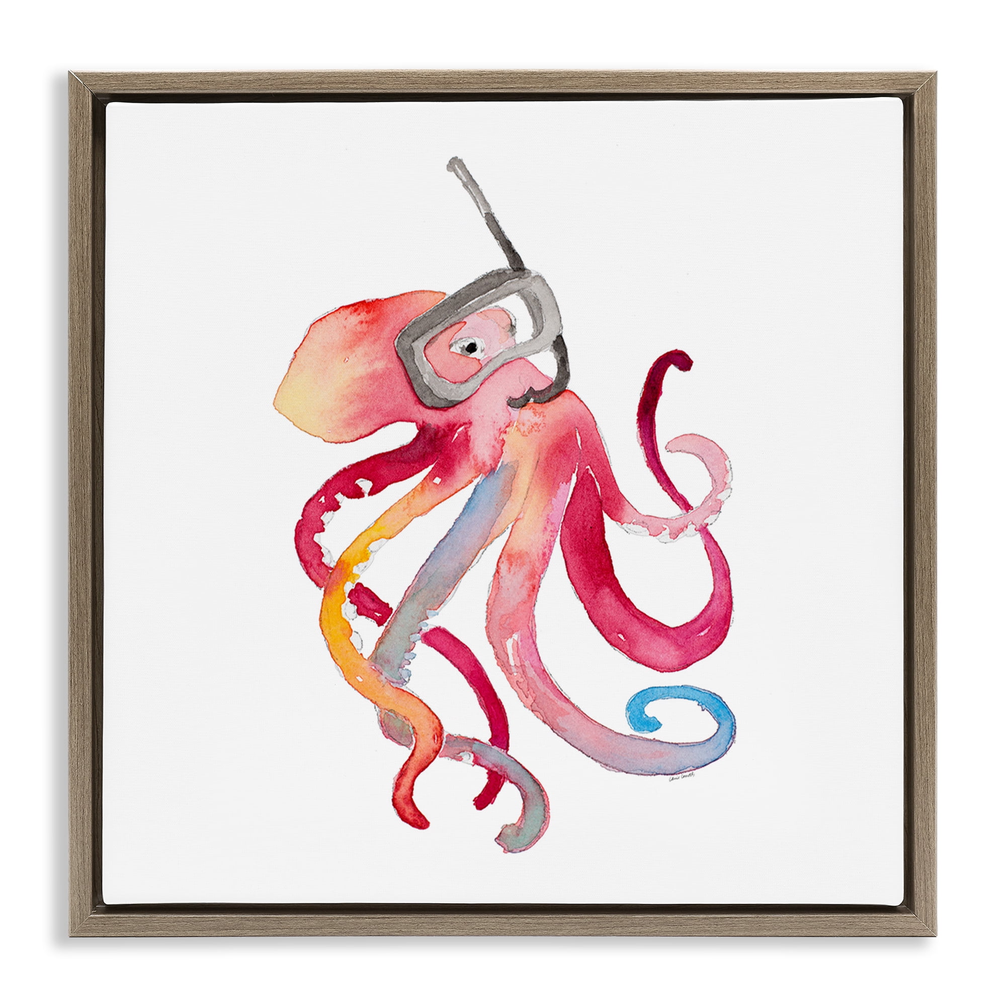 Stupell Industries Snorkel Mask Octopus Novelty Painting Brown Floater Framed Canvas Art Print Wall Art, 25 x 25