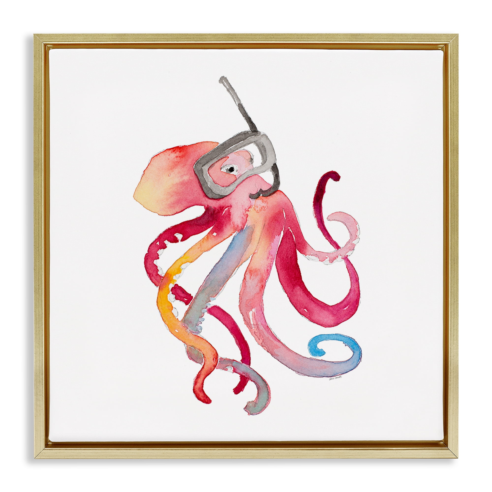 Stupell Industries Snorkel Mask Octopus Novelty Painting Gold Floater Framed Canvas Art Print Wall Art, 18 x 18