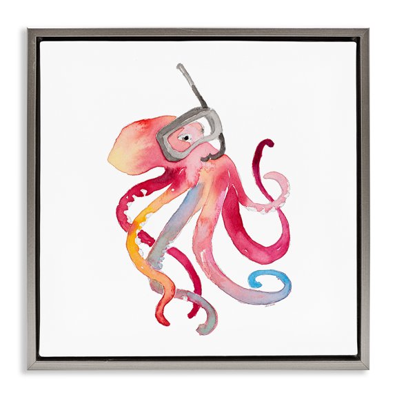 Stupell Industries Snorkel Mask Octopus Novelty Painting Gray Floater Framed Canvas Art Print Wall Art, 18 x 18