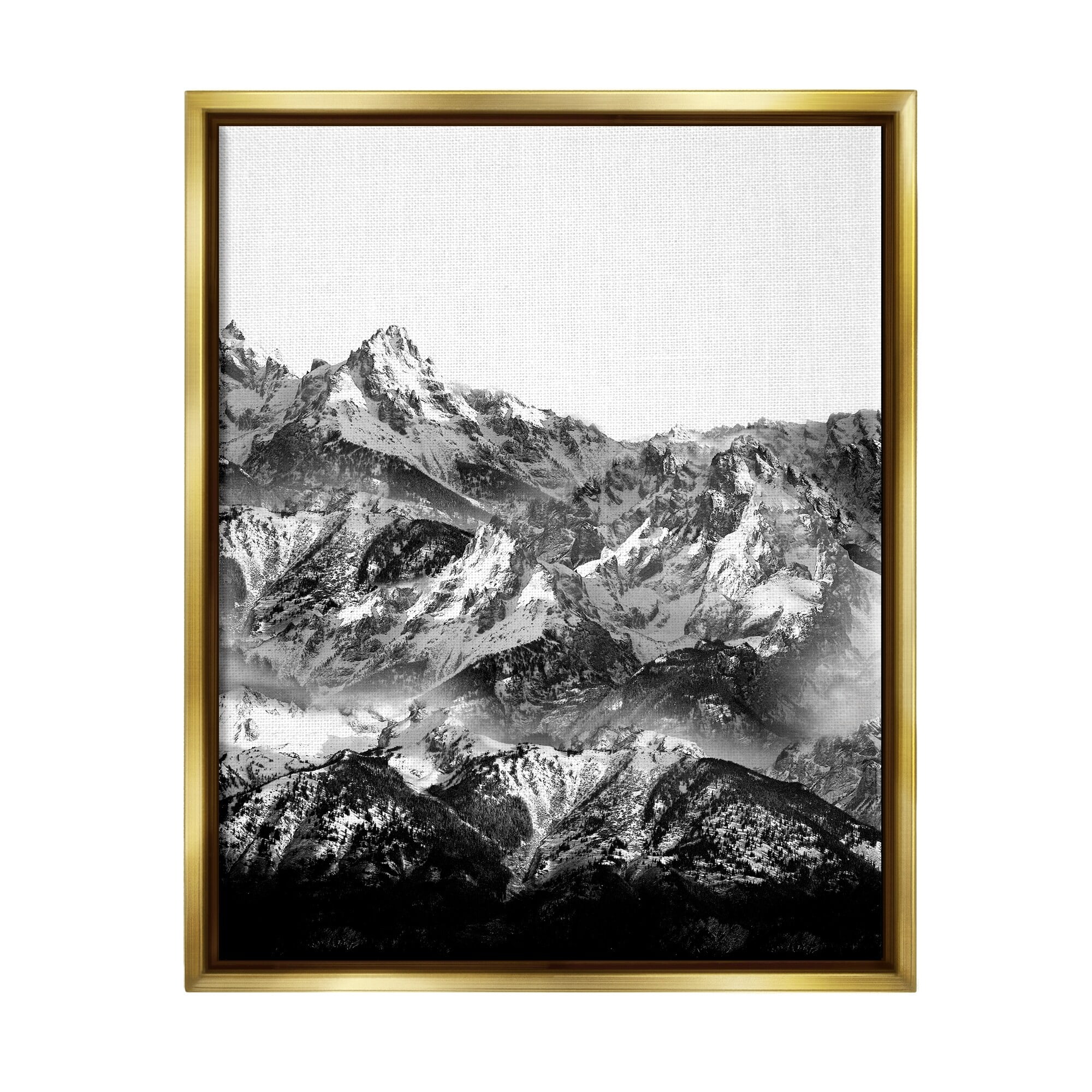 Stupell Industries Snow Cap Mountains High Contrast Black White Landscape Metallic Gold Framed Floating Canvas Wall Art, 24x30, by Shelley Lake
