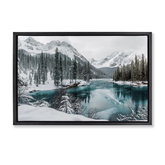 Stupell Industries Snow Capped Mountain Lake Landscape & Nature Photography Black Floater Framed Canvas Art Print Wall Art, 25 x 17
