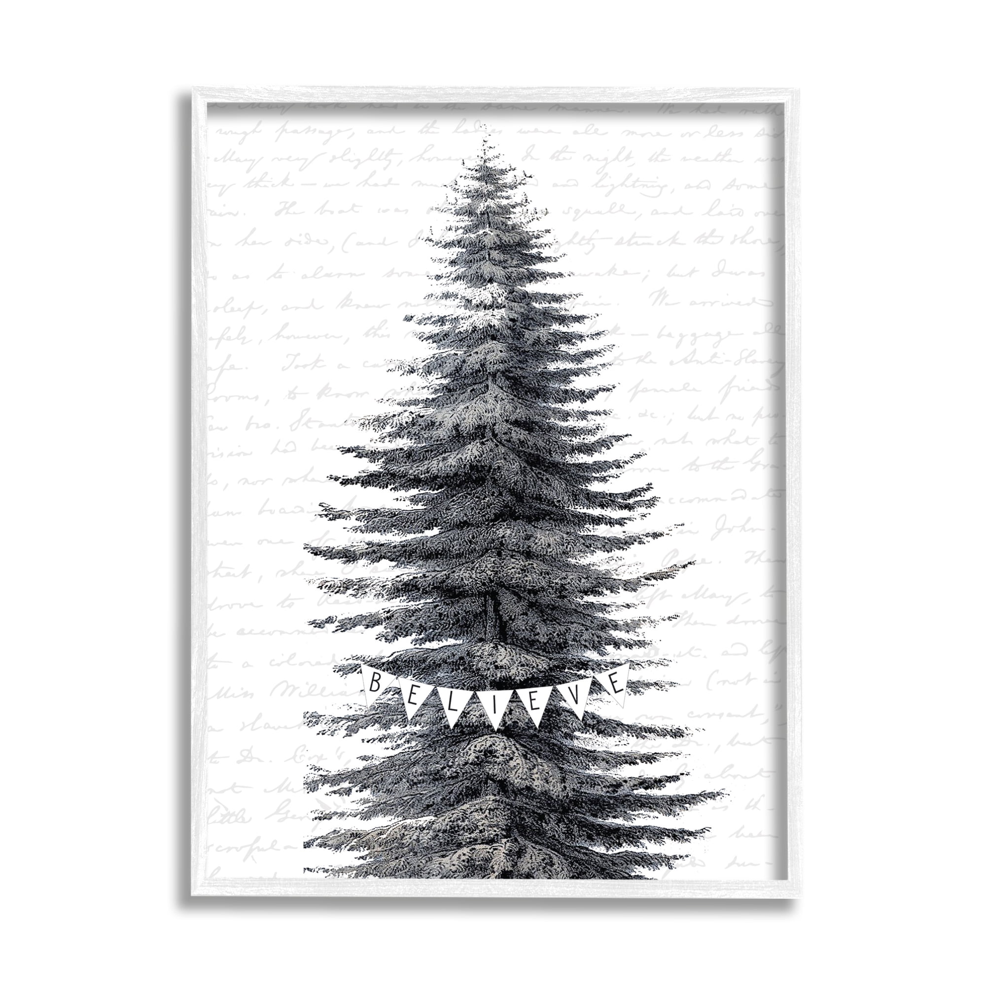 Stupell Industries Snow Covered Christmas Tree Believe Holiday Word Design Graphic Art Framed Art Print Wall Art, 24x30, By Lettered and Lined