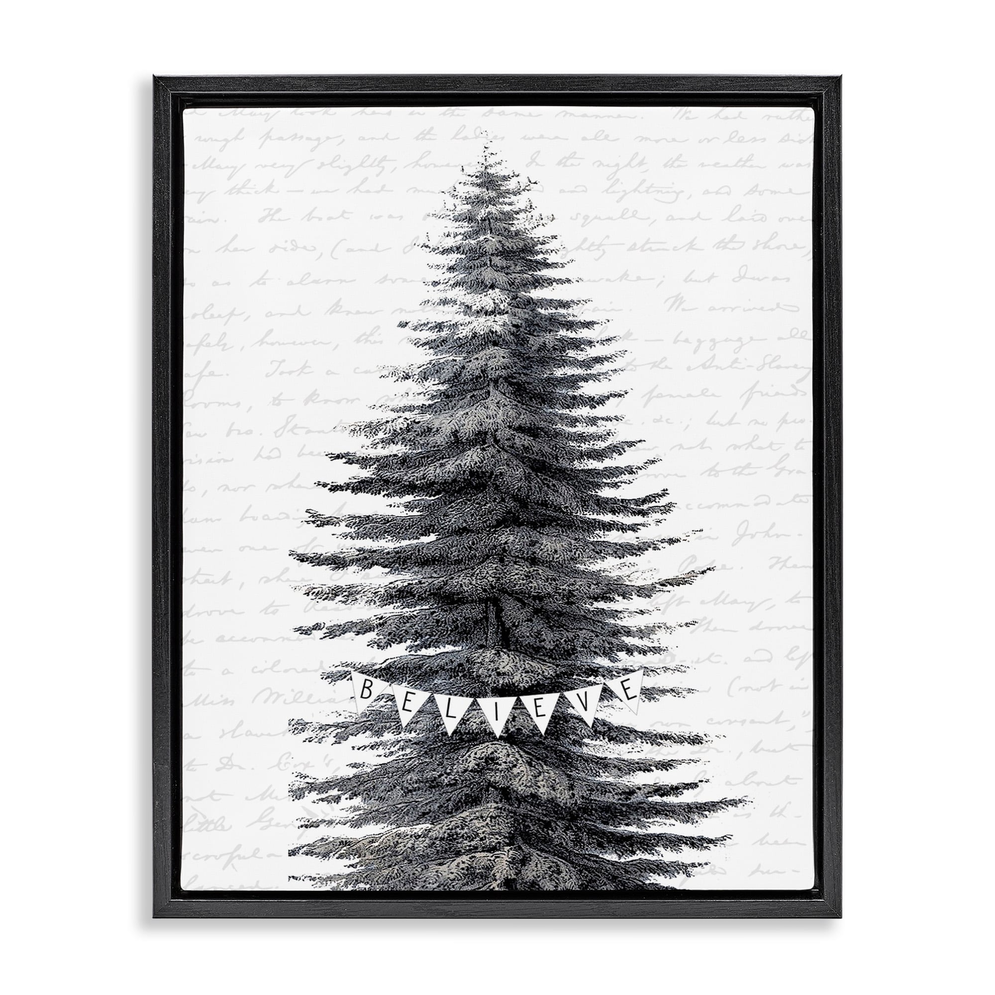 Stupell Industries Snow Covered Christmas Tree Believe Holiday Word Design Jet Black Framed Floating Canvas Wall Art, 16x20, by Lettered and Lined